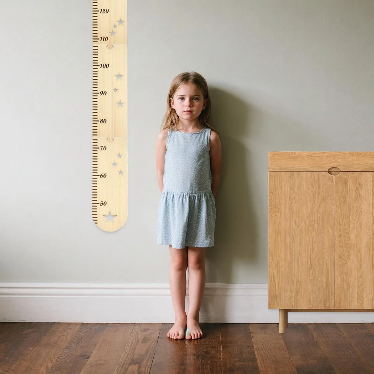 Metro da Parete in Legno per Bambini 50-180cm con Incisioni Delicati, Fissaggio Facile, Sacchetto di Stoccaggio in Tela (27x42 cm)
