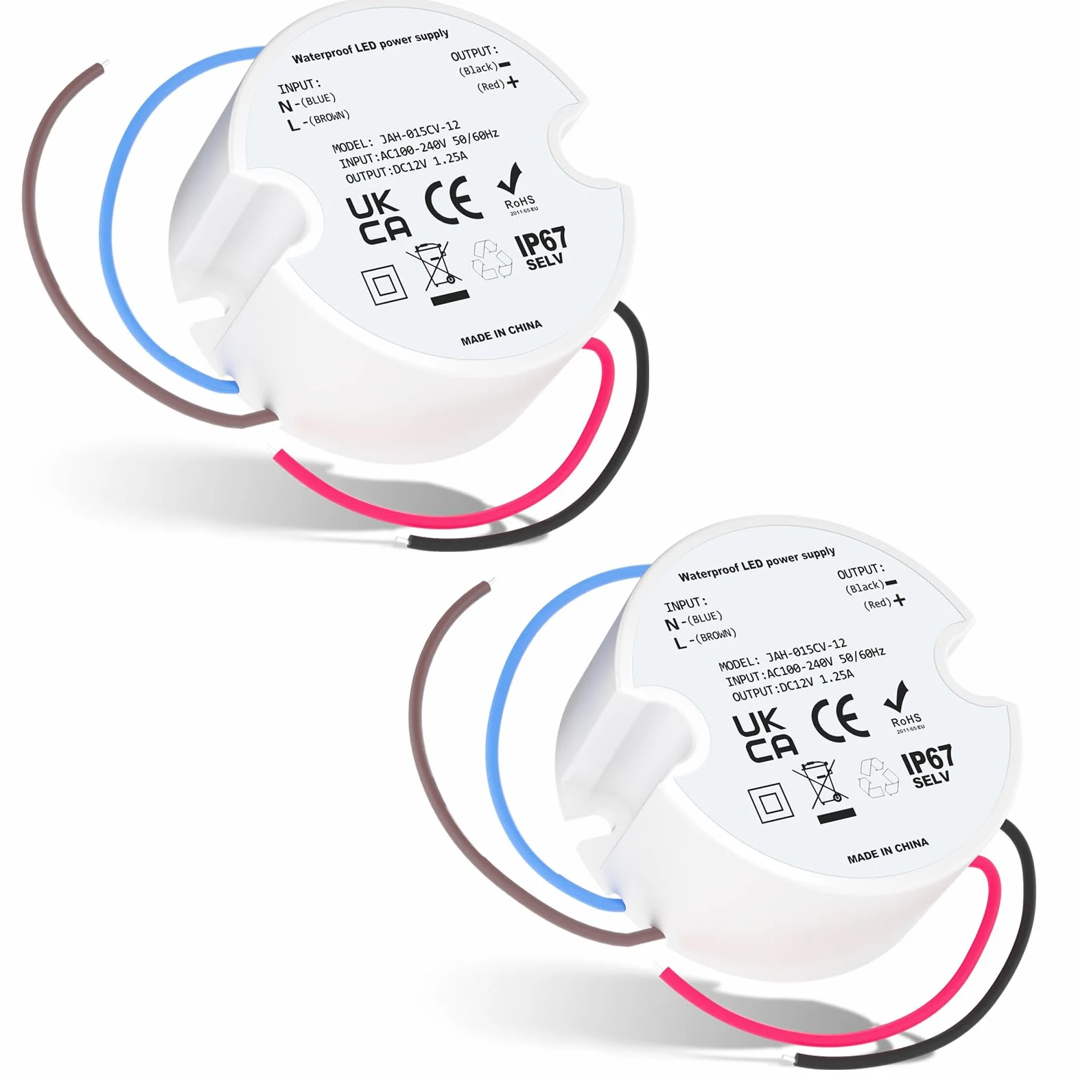 trasformatore led 12v 15W, trasformatore da 230V a 12V LED 1.25A, IP67 mini trasformatore rotondo LED driver per sotto-armadio luce 2 pezzi