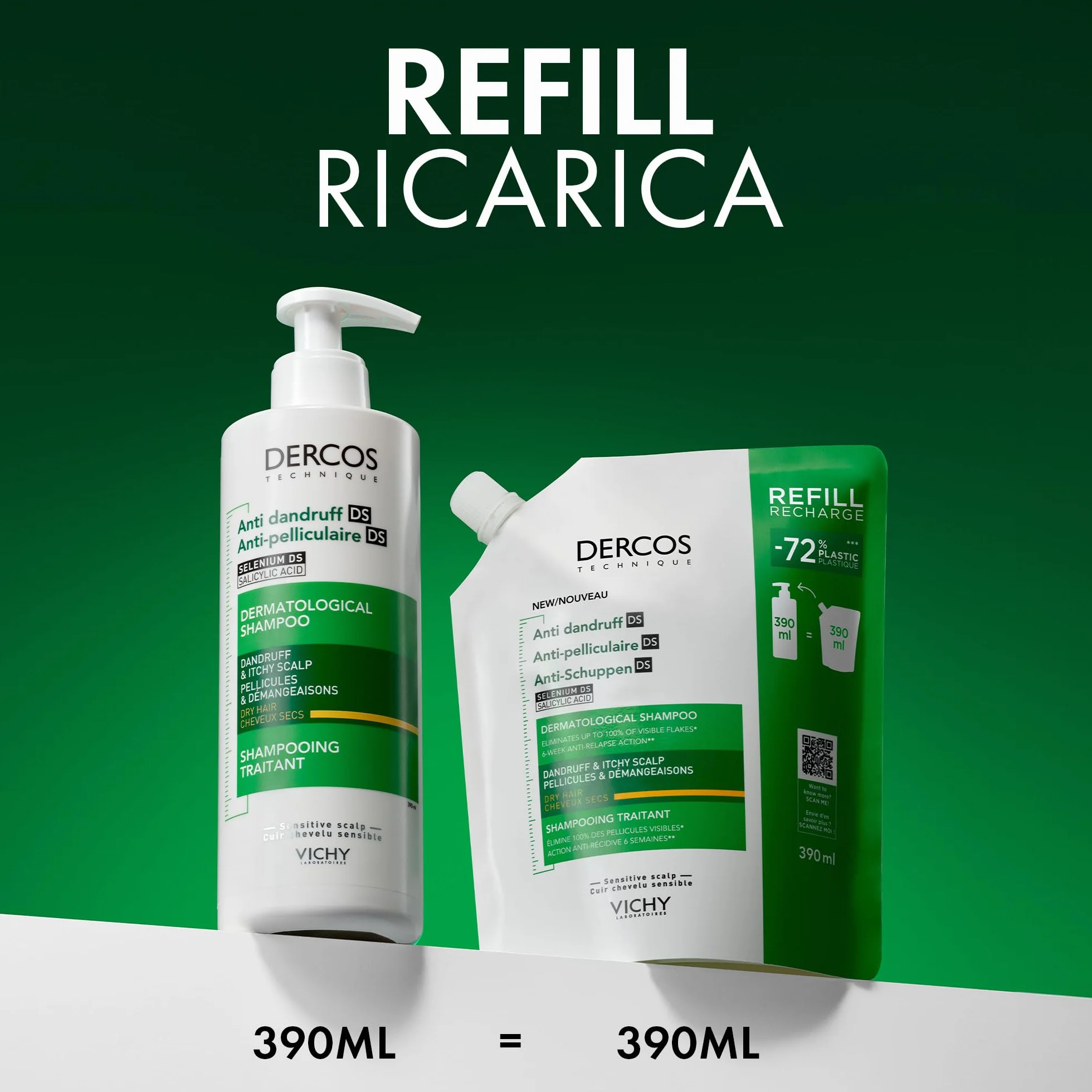 Vichy Dercos Eco-Ricarica Shampoo Anti-Forfora DS per Capelli Secchi, 390 ml