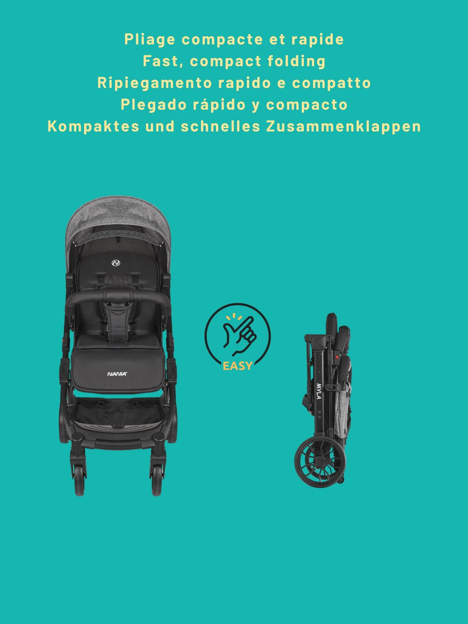 Nania Myla passeggino compatto 0-4 anni 22 kg leggero 7,5 kg reclinabile una mano trolley