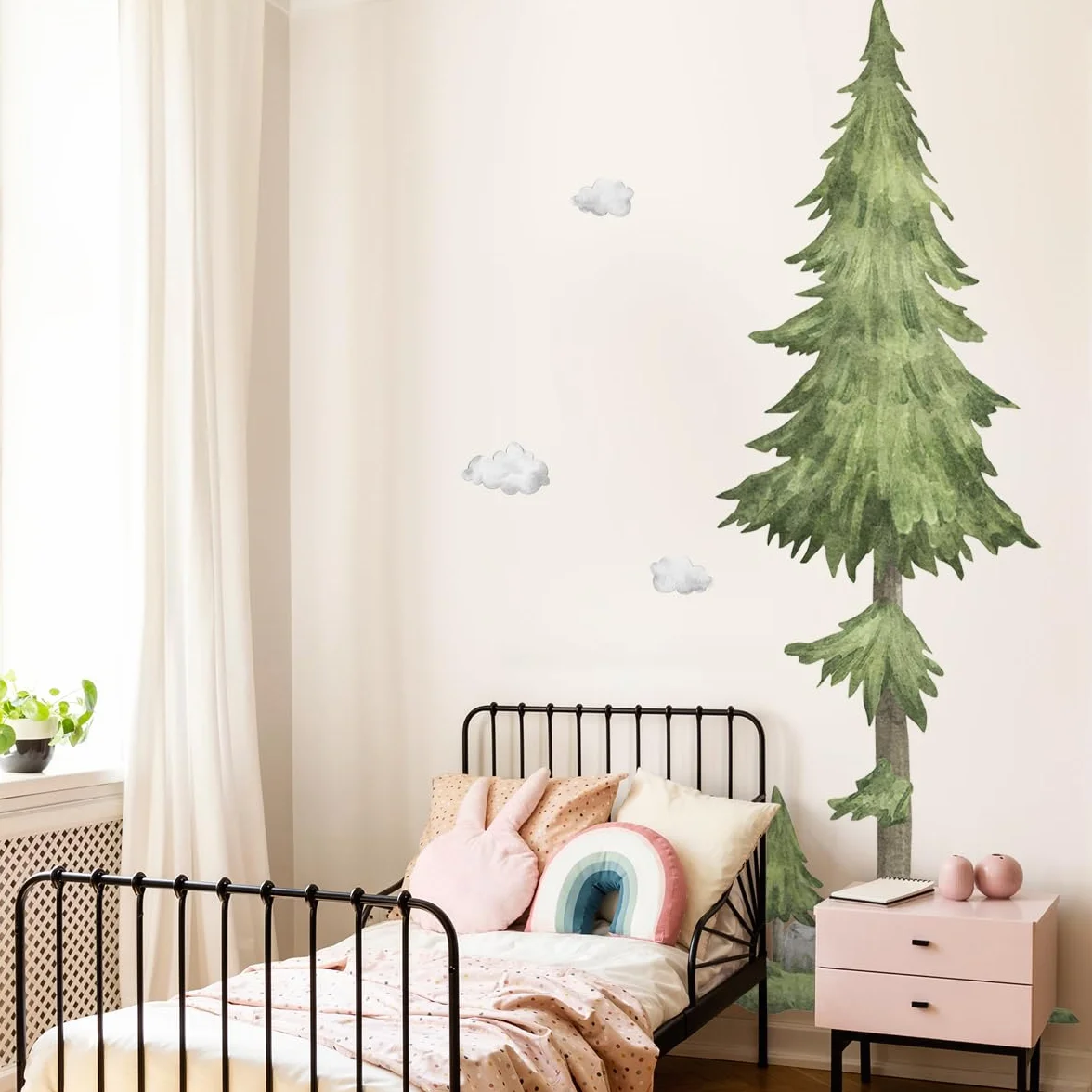 Giganti Adesivi murali bambini ALBERO acquerello 135x215 cm Murales adesivi da parete grandi albero pino foresta Decorazioni parete cameretta camera da letto bambini XXL
