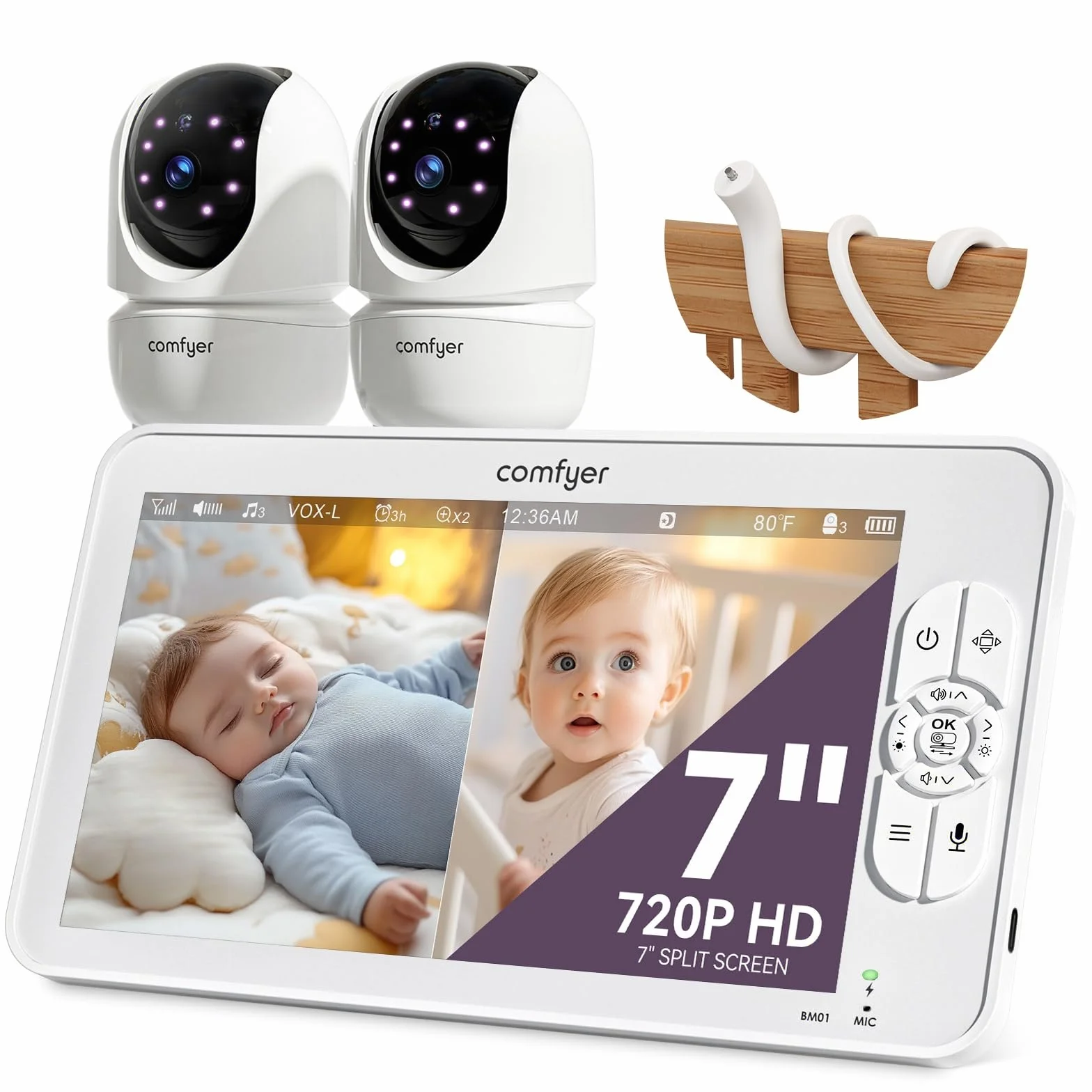Comfyer BM01 Baby Monitor Video e Audio con 2x Telecamera, Schermo IPS 7" 720P, 4x Zoom, 6000mAh, Monitoraggio Temp, VOX, Audio Bidirezionale, Visione Notturna