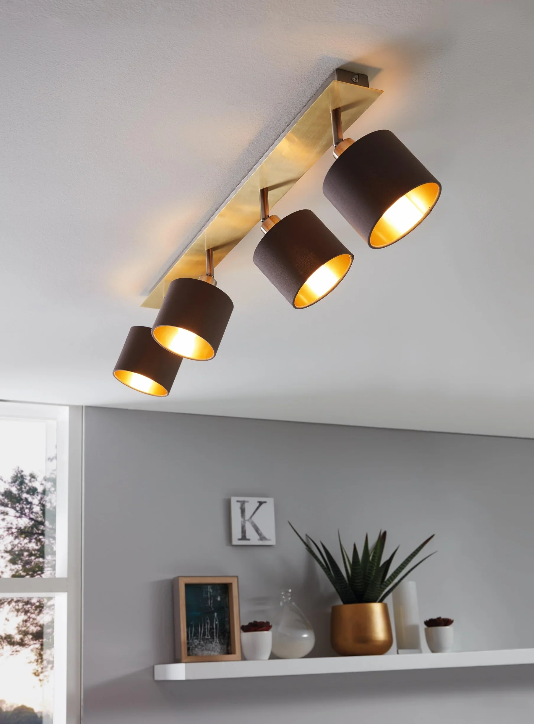 Eglo Lampada da soffitto Valbiano, lampada a 4 luci, faretti da soffitto in metallo e tessuto, lampada da corridoio in ottone spazzolato, nichel opaco, cappuccino, oro, faretti E14