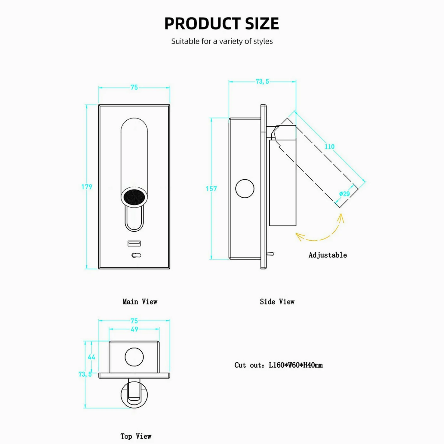 Luci da lettura a LED a parete, applique da incasso sul comodino Lampada da parete a LED con porta USB/interruttore, Faretti da parete girevoli Apparecchio notturno per camera da letto Soggiorno Hotel