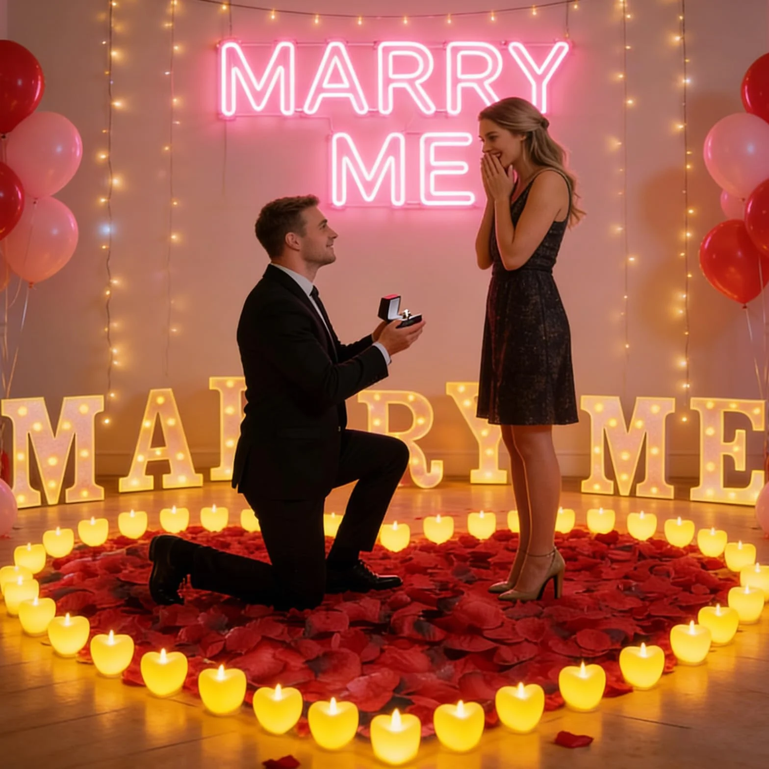 2031 pezzi rosa MARRY ME lettere luminose come decorazione per proposte di matrimonio, 2000 petali di rosa, cartello MARRY ME con 24 candele a cuore senza fiamma, per proposte di matrimonio