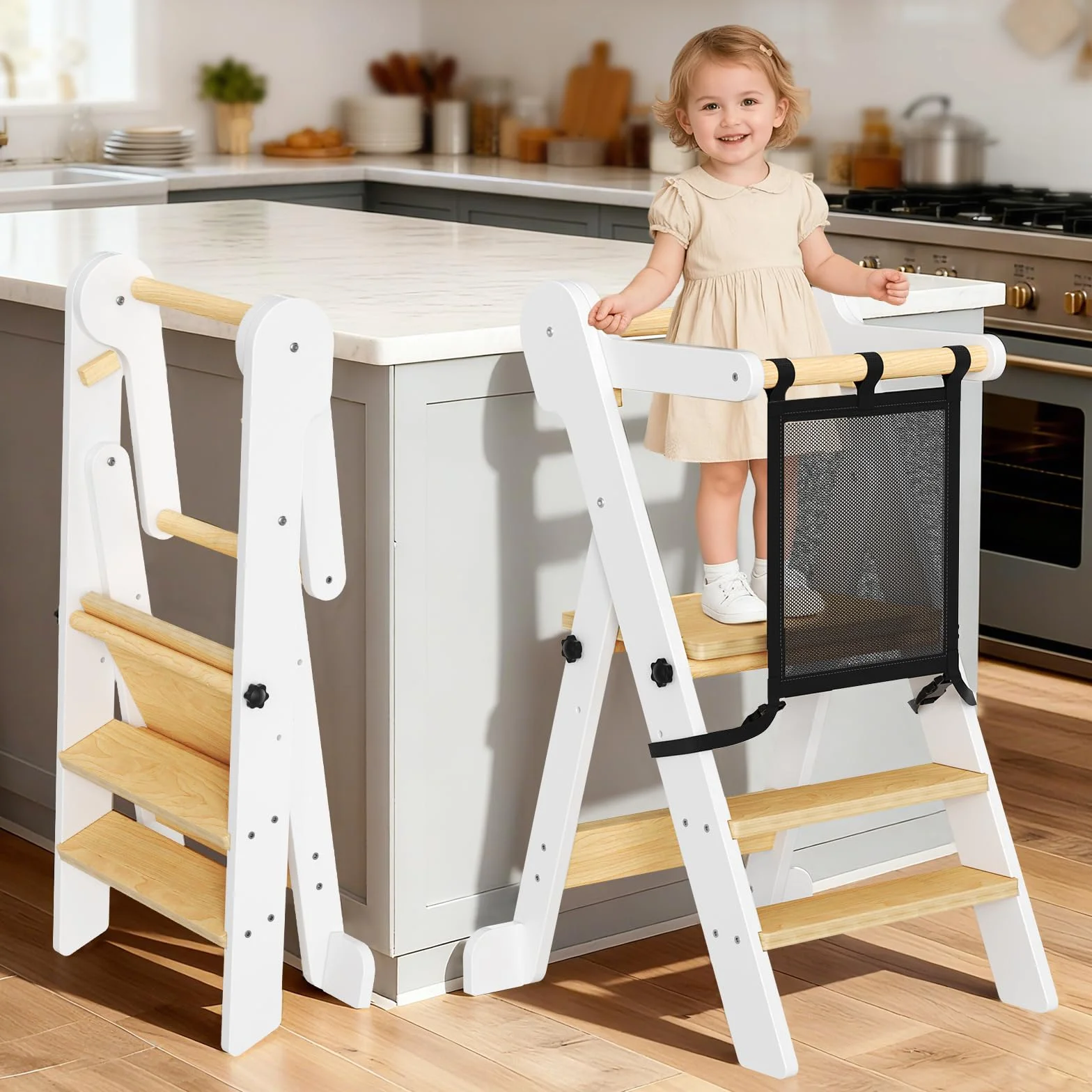 Torre didattica pieghevole regolabile in altezza per bambini con rete di sicurezza, portata 50 kg
