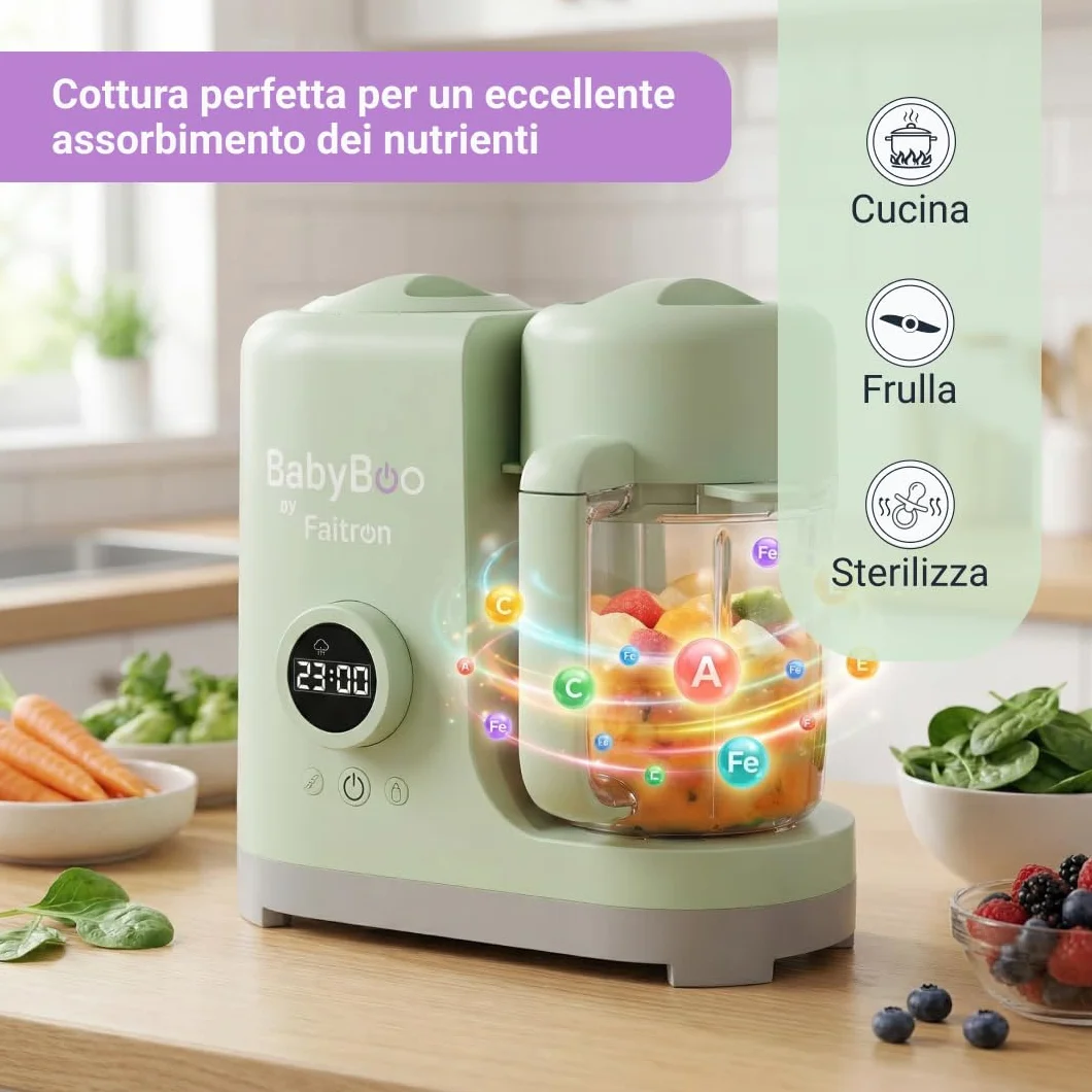BABYBOO Robot Pappa 7-in-1 Cuoci a Vapore e Frulla 20 Minuti 300W Scaldabiberon Sterilizzatore Tritan Acciaio Inox Display Digitale