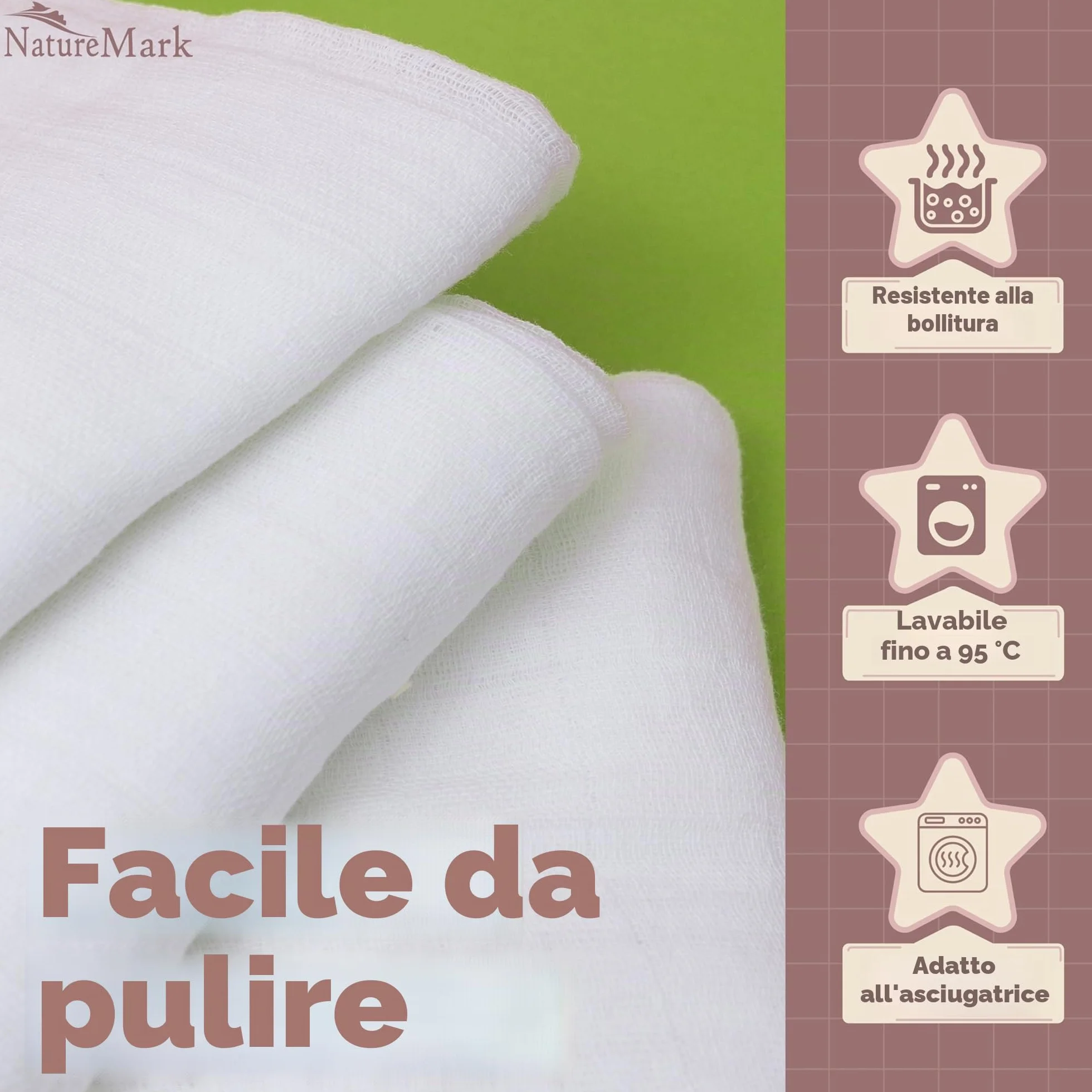 NatureMark Set da 10 Panni in Mussola per Bambino 100% Cotone 70x70 cm Bianca