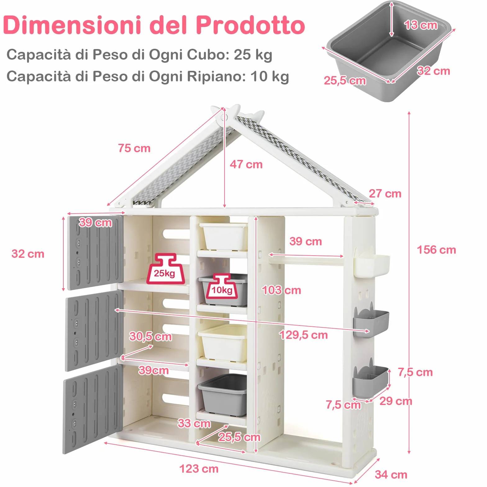 RELAX4LIFE Armadio Guardaroba Bambini 34x130x156 cm Grigio con Barra Appendiabiti 4 Scatole 3 Scomparti