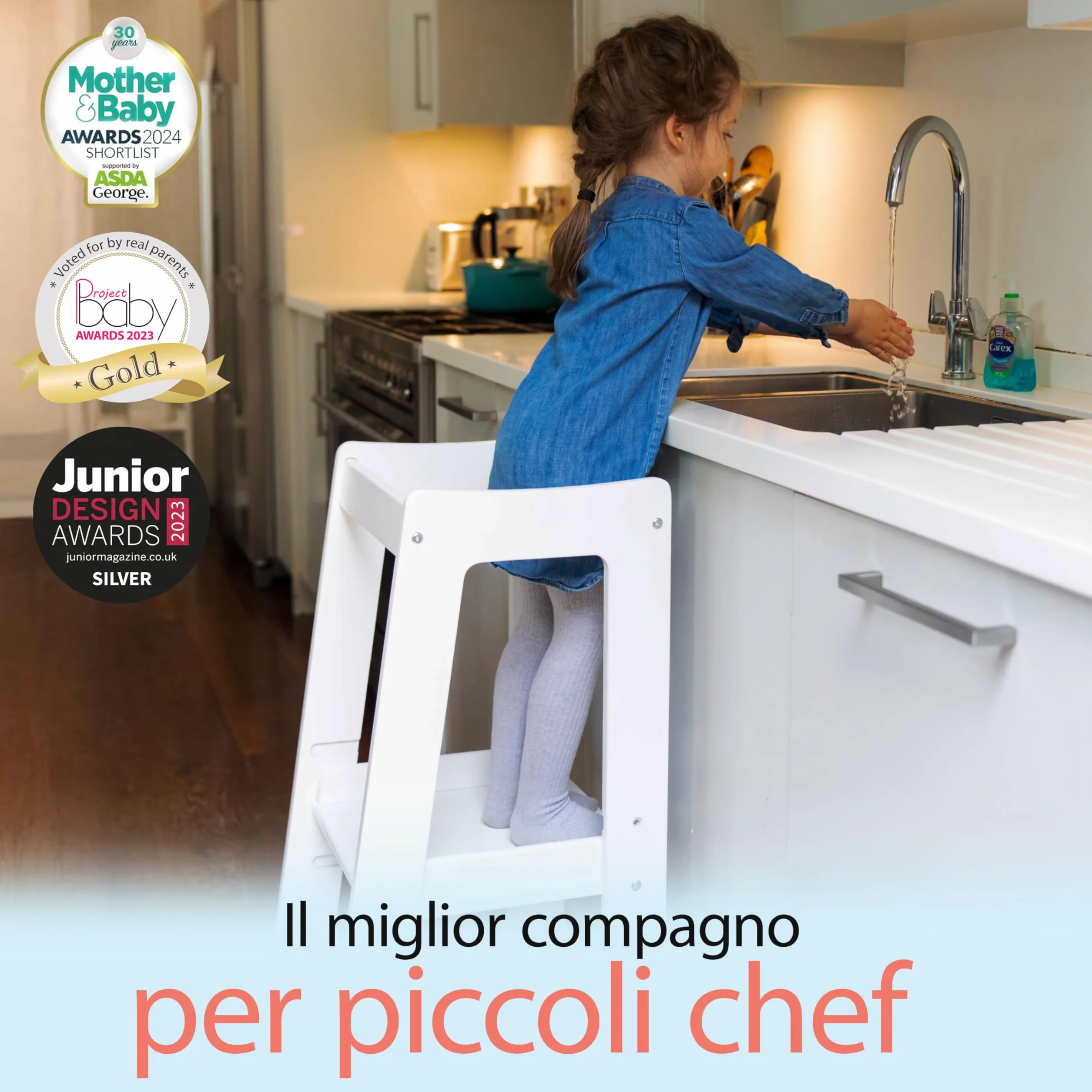 Stepup Baby Torre Montessoriana 3 Altezze Regolabili Torre di Apprendimento Ringhiera Sicurezza Bianco