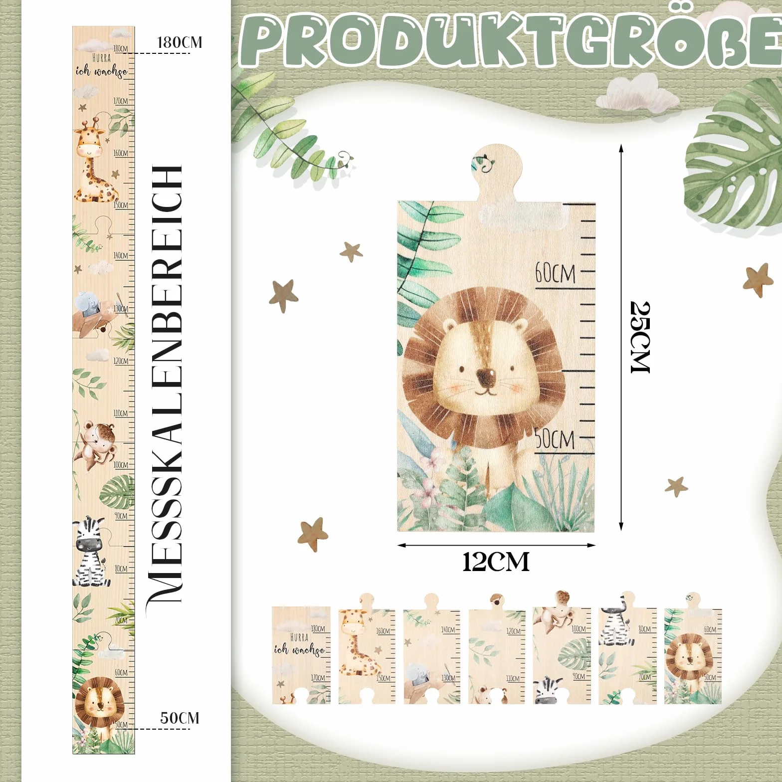 Metro da Parete per Bambini in Legno con Motivo Animali Tabella Altezza 50-180 cm Regalo di Nascita