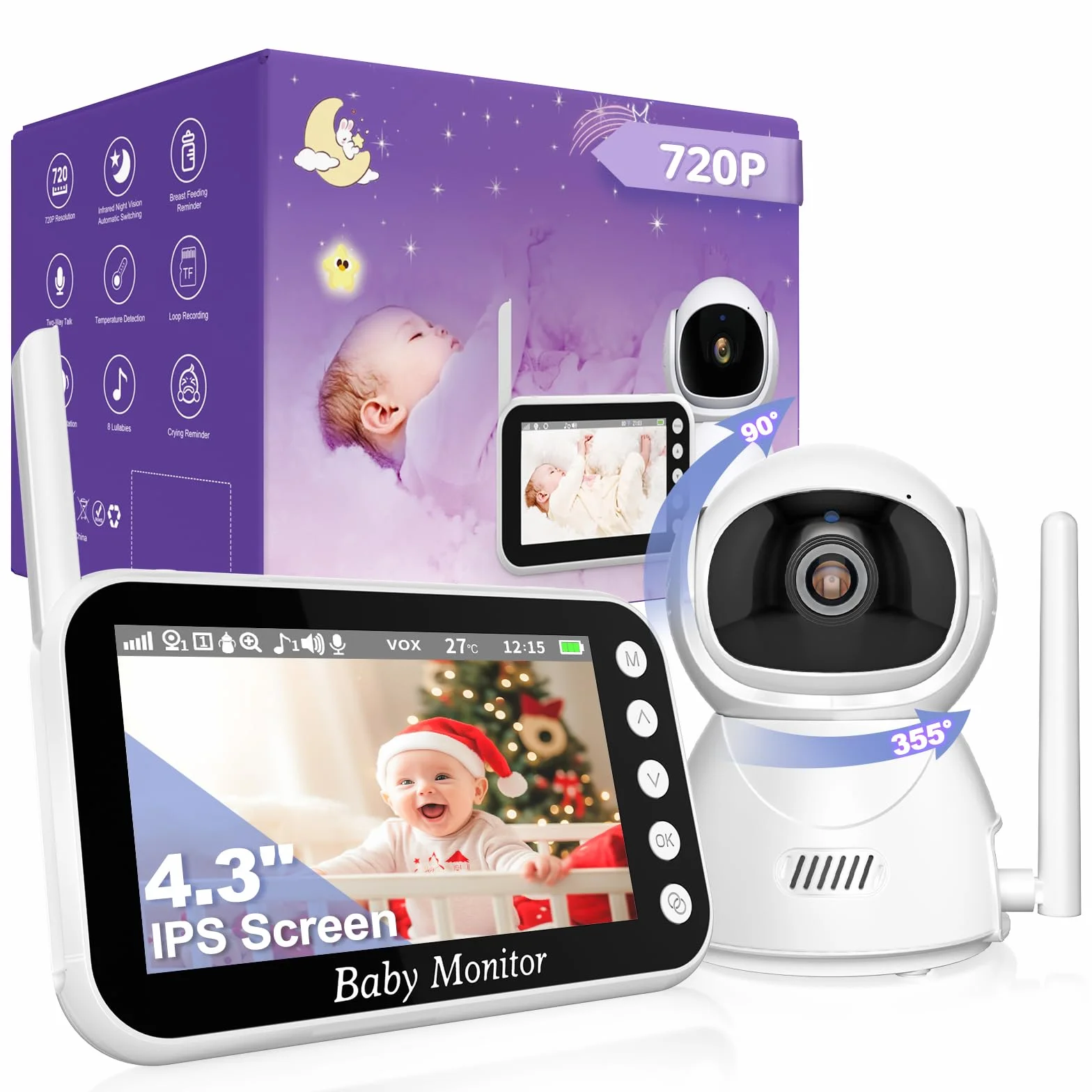 Baby Monitor Video e Audio 720P Display 4.3 Pollici Zoom Digitale VOX Audio Bidirezionale Rilevamento Temperatura