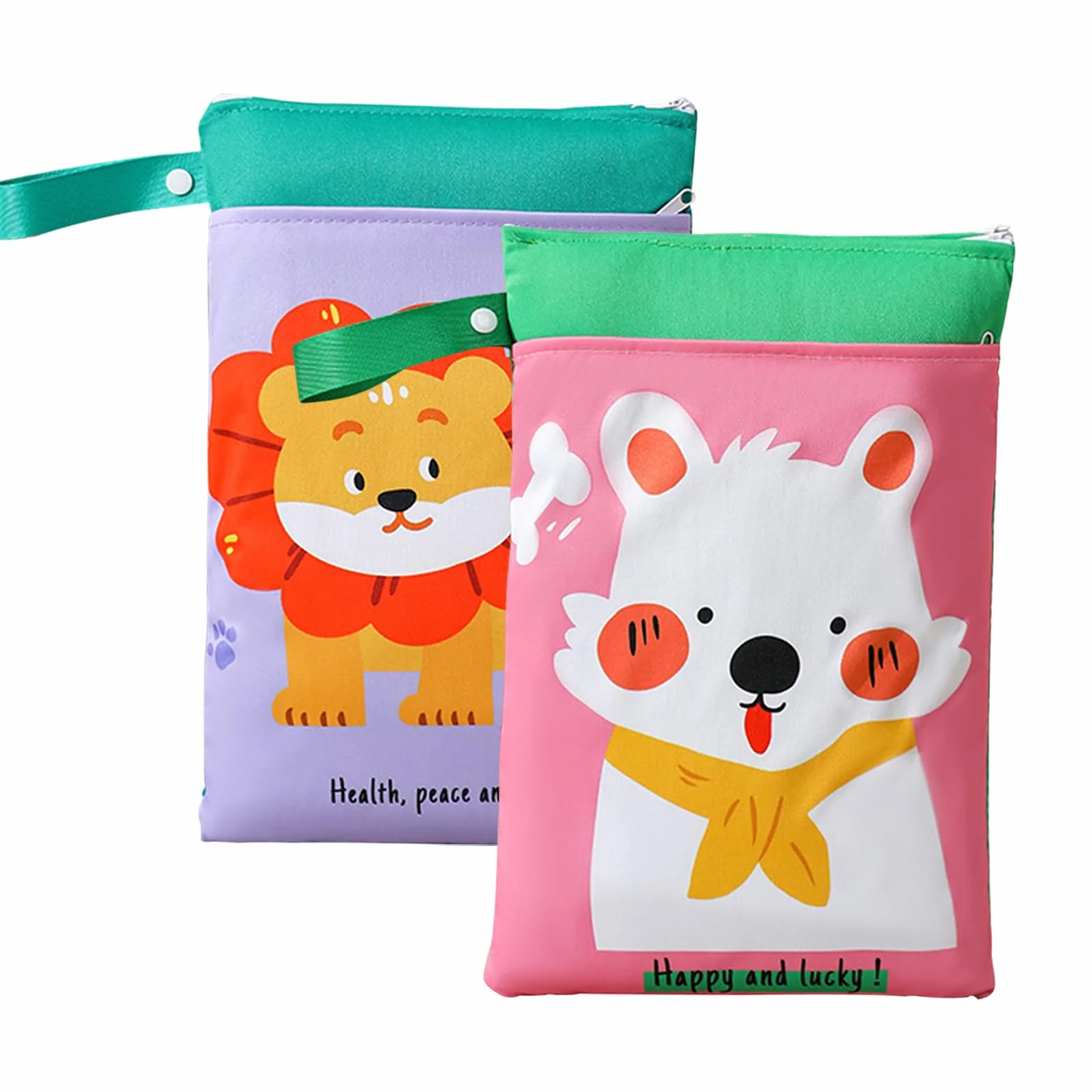 Borsa Porta Pannolini Impermeabile 2 Pezzi, Sacca Salviette Wet Bag con Zip, Animali Cartoni Animati, 2 Scomparti Viaggio Passeggino Spiaggia Piscina