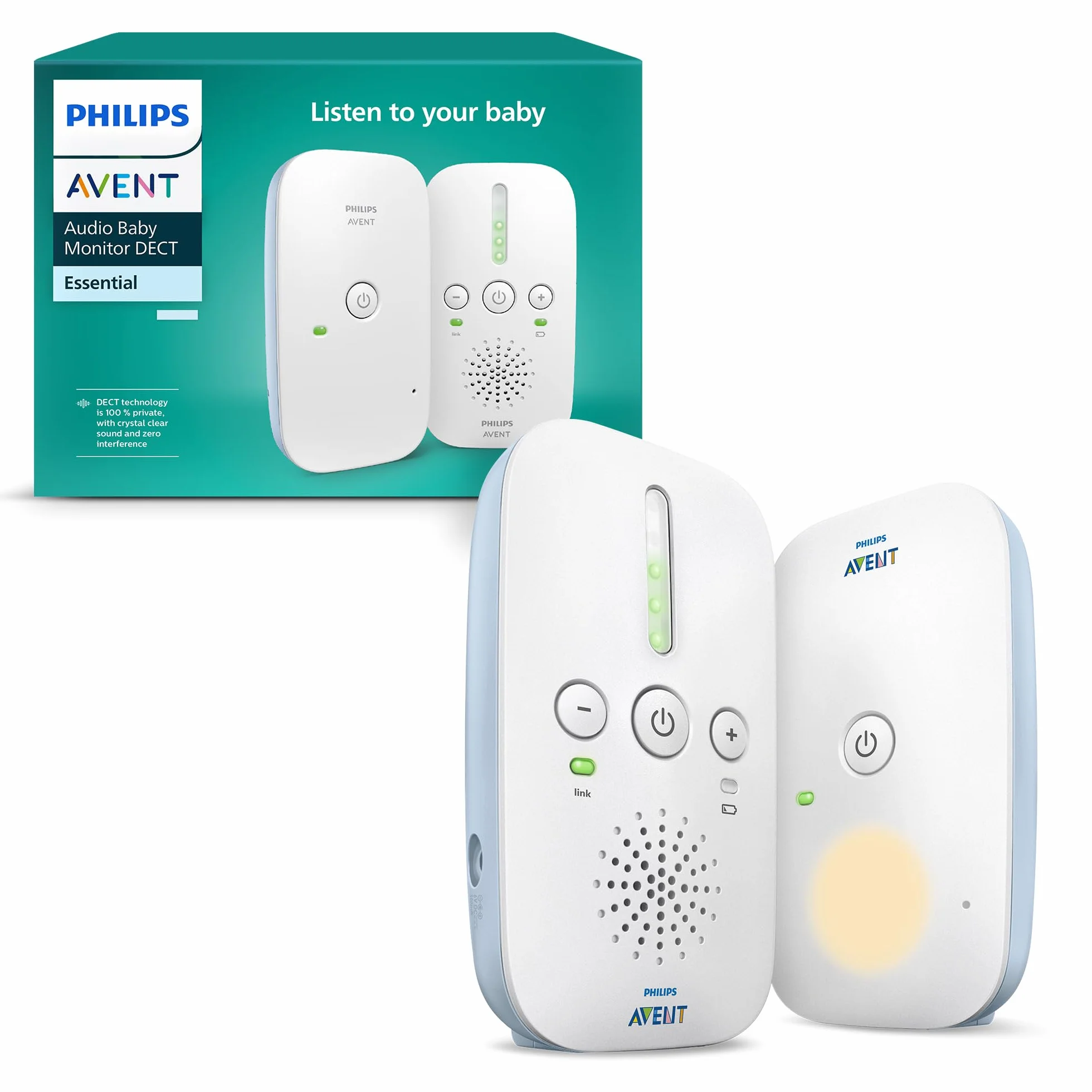 Philips Avent DECT Audio Baby Monitor SCD503/26, audio bidirezionale, portata 330m, batteria 24h, modalità Smart ECO, luce notturna