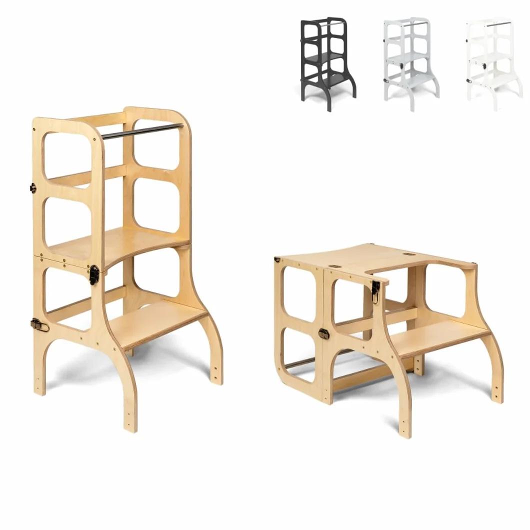 Ette Tete STEP’n’SIT® Torre Apprendimento Montessoriana Convertibile 2 in 1 Legno Cerniere Ottone