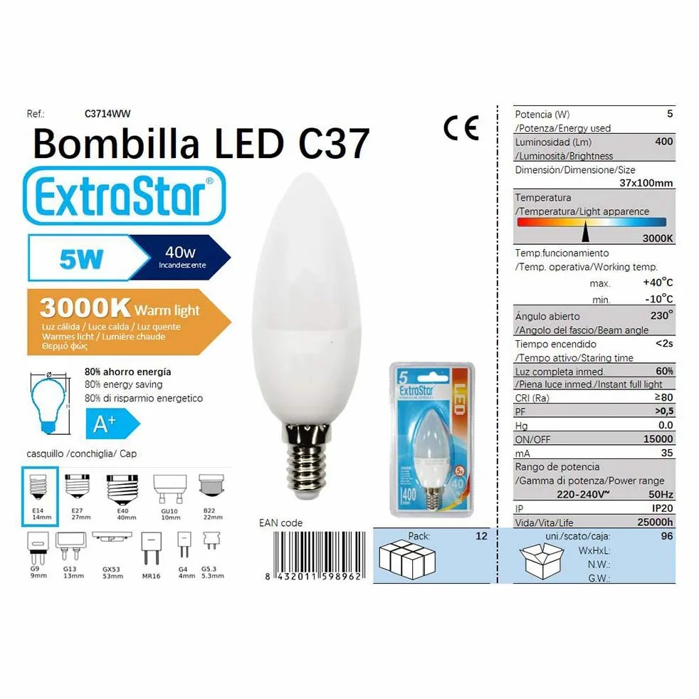 Lampadina LED candela E14 (6 pezzi) 5W luce calda