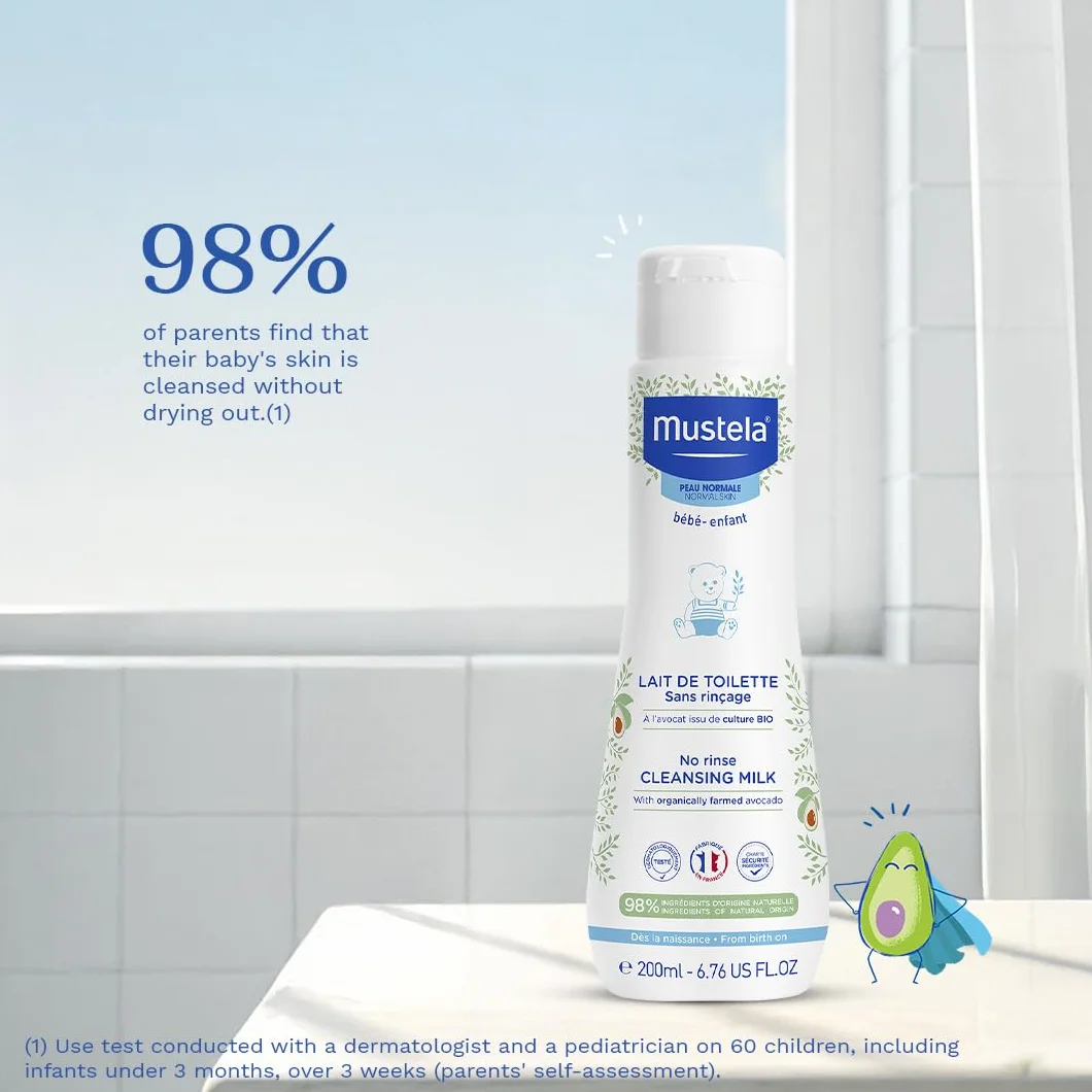 Mustela Latte di Toilette al Perseose d'Avocado BIO 200ml Deterge Senza Risciacquo 98% Ingredienti di Origine Naturale