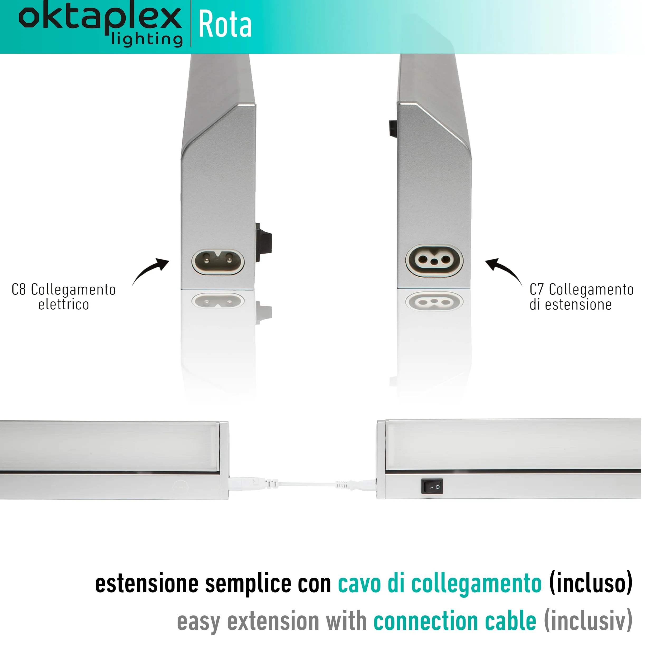 Oktaplex set da 2 Rota barra LED sottopensile orientabile 60 cm | 800 lm e 10 W, 4000 K bianco neutro su 230 V, corpo orientabile in alluminio argento con interruttore