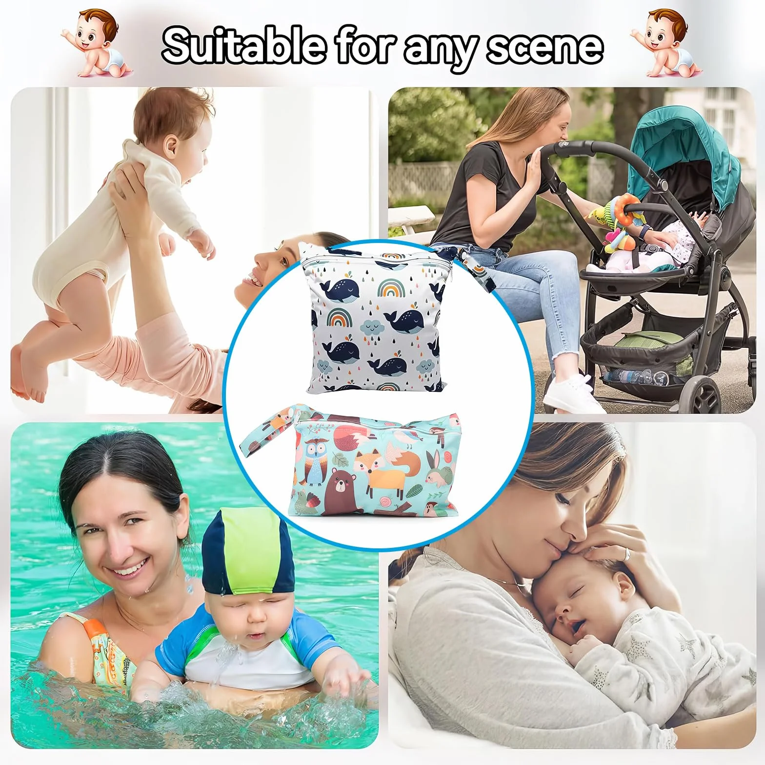 Borsa Pannolini Riutilizzabile Wet Bag con Cerniera Lavabile per Neonato Viaggi Spiaggia Piscina Gym