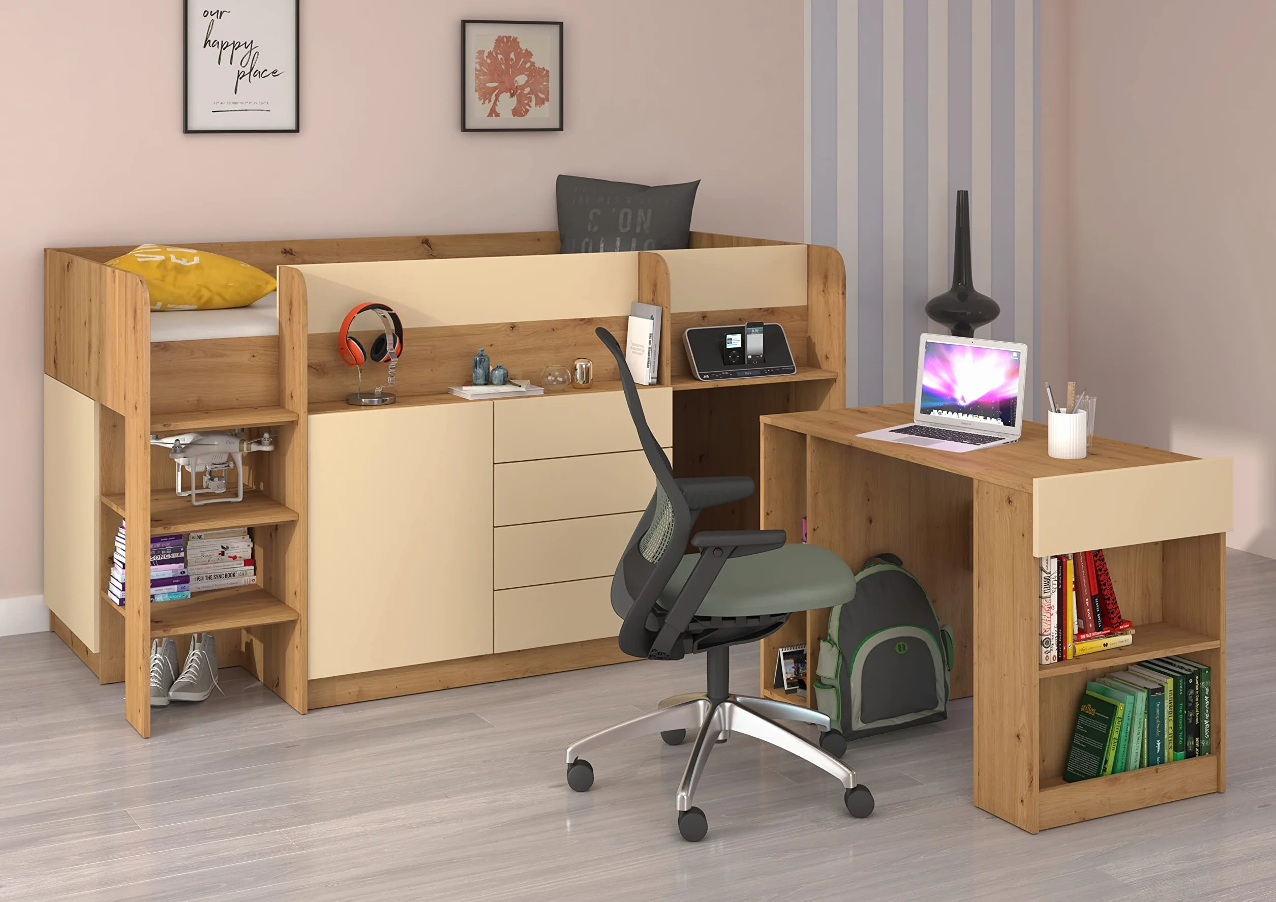 Letto rialzato Smile L per bambini rovere artigianale crema con scrivania mensole cassetti
