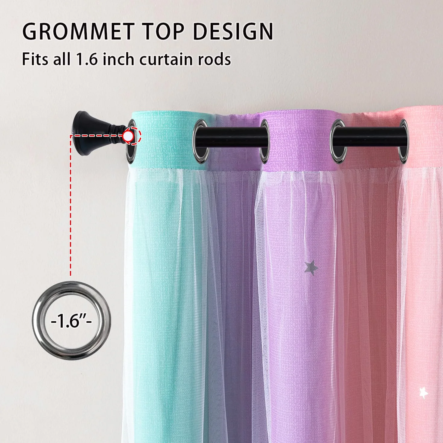 Tende per Camera da Letto 213cm Doppio Strato Star Cutout Arcobaleno Pink PurpleGreen
