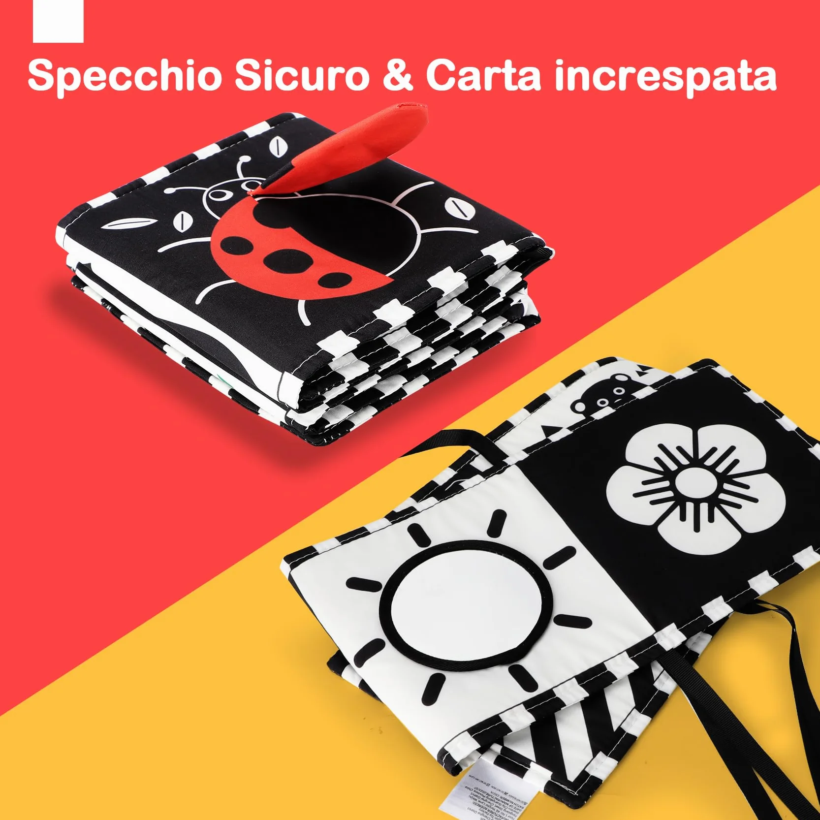 Libri Sensoriali Neonato con Specchio, Libro di Stoffa per Neonati,Giochi 0 3 6 12 Mesi,Tummy Time, Bianco e Nero 11 Motivi,Pieghevole Lavabile