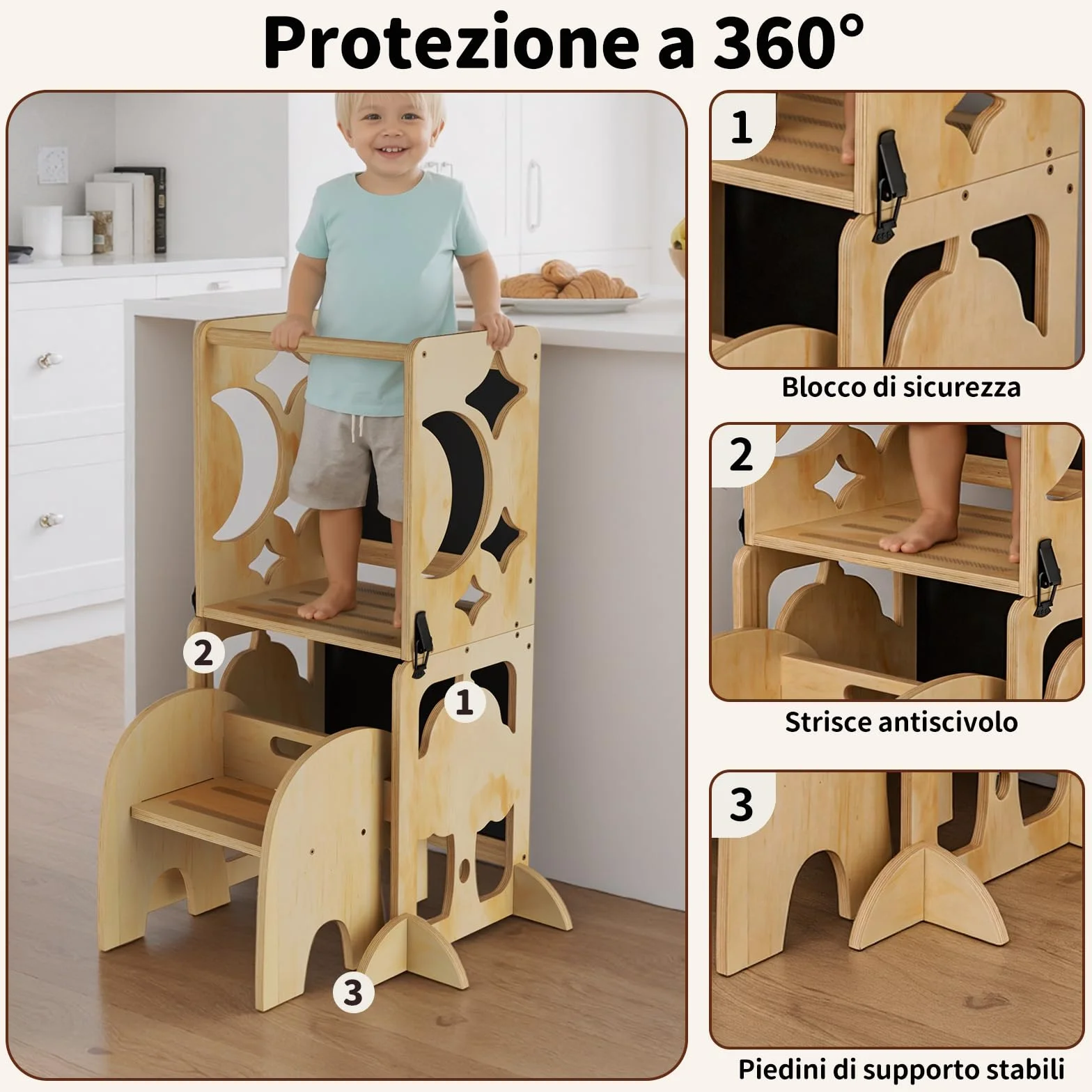 COSYLAND Torre Montessoriana Bambini 4 in 1 - Torretta Montessoriana con Scrivania e Sedia in Legno Naturale