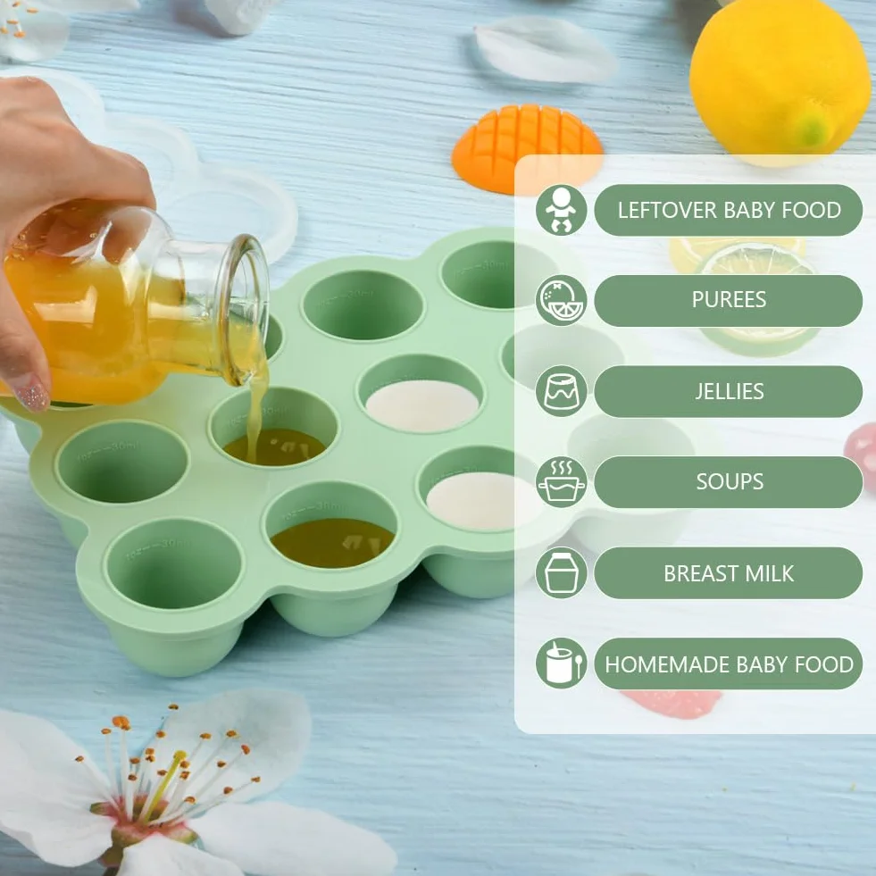 Aolso Contenitore in Silicone 12 Scomparti 45ml Stampi Pappa Freezer Senza BPA Vassoio Alimenti Coperchio Rimovibile Verde