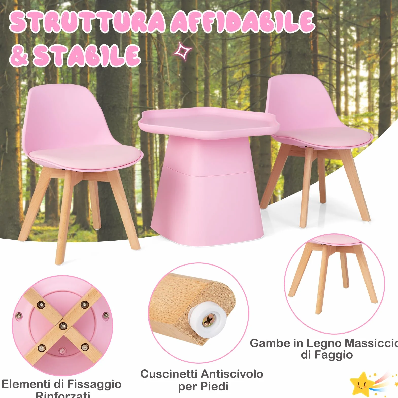 RELAX4LIFE Set Tavolo e Sedie Bambini 3 Pezzi Tavolino 2 Sedie Gambe Legno Faggio Seduta Similpelle 2 cm