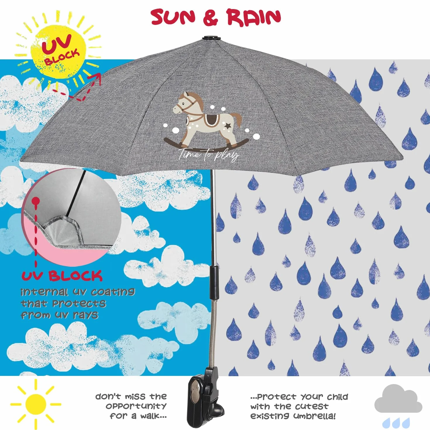 PERLETTI Parasole Passeggino Universale Anti UV 68 cm - Ombrellino da Sole Pioggia per Bambino Neonato Grigio