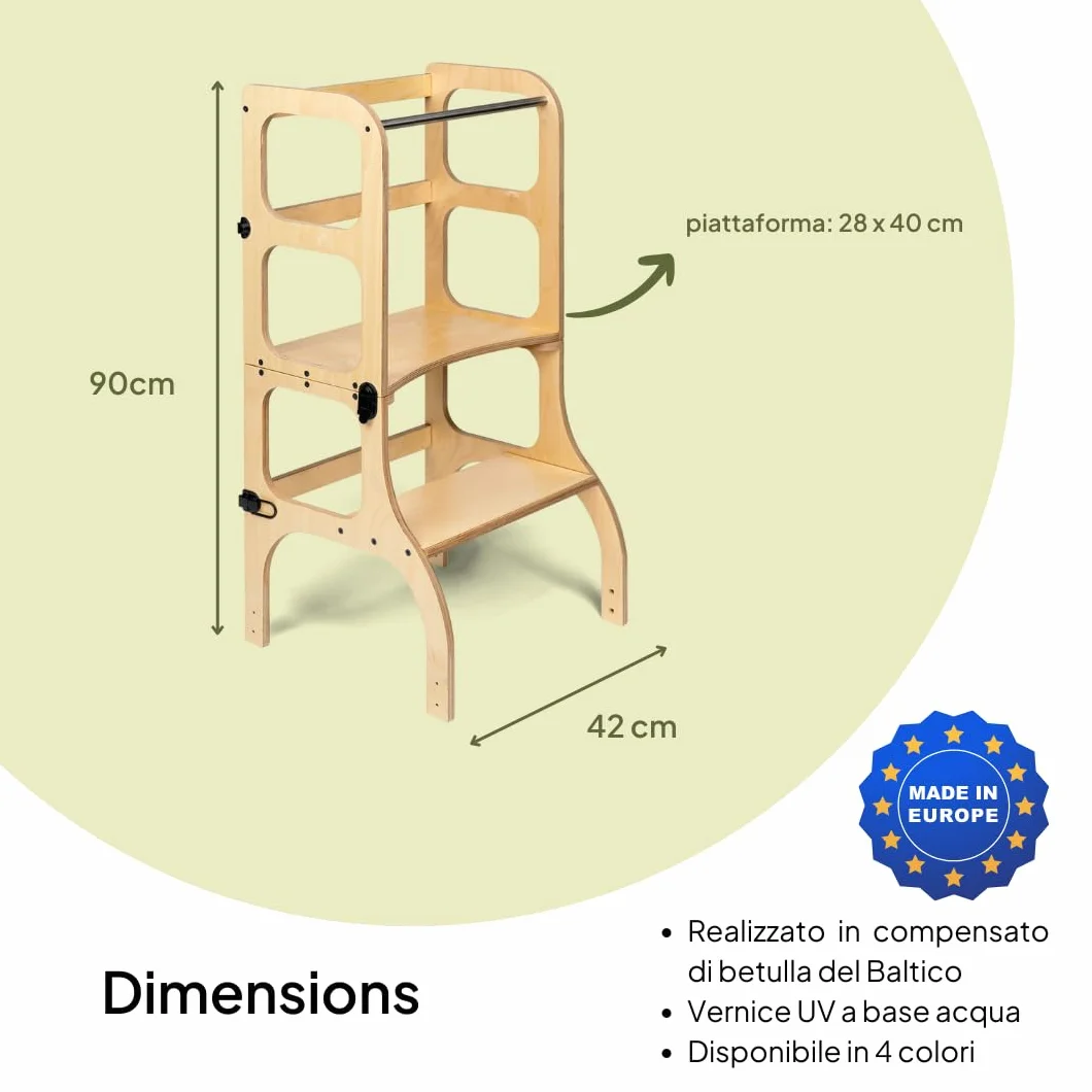 Ette Tete STEP’n’SIT® Torre Apprendimento Montessoriana Convertibile 2 in 1 Legno Cerniere Ottone