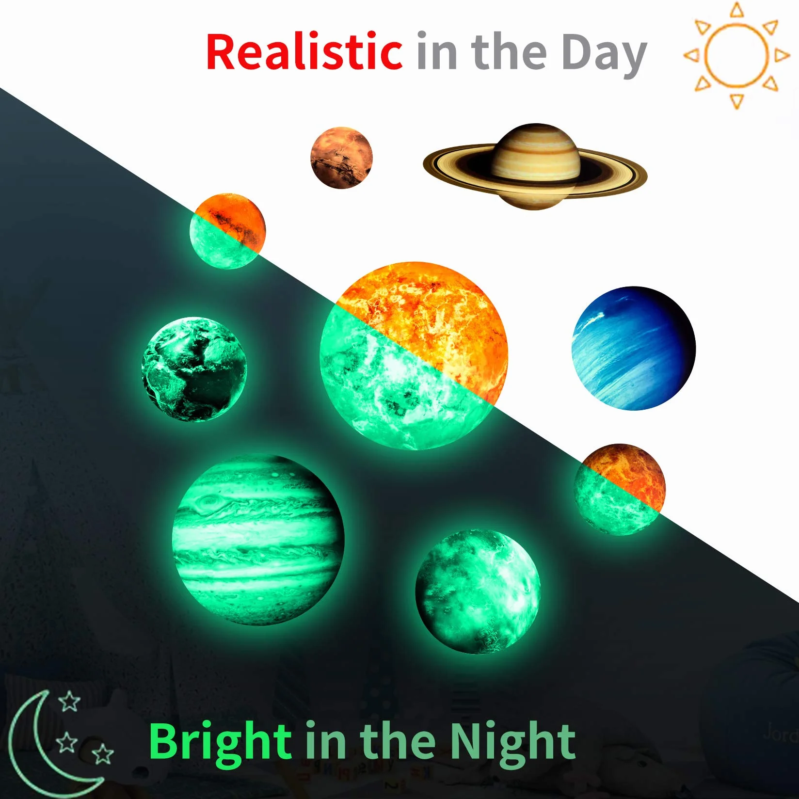 Adesivi da Parete Fluorescenti Sistema Solare 9 Pianeta 4 Stelle Decorazione Murali Sticker da Muro