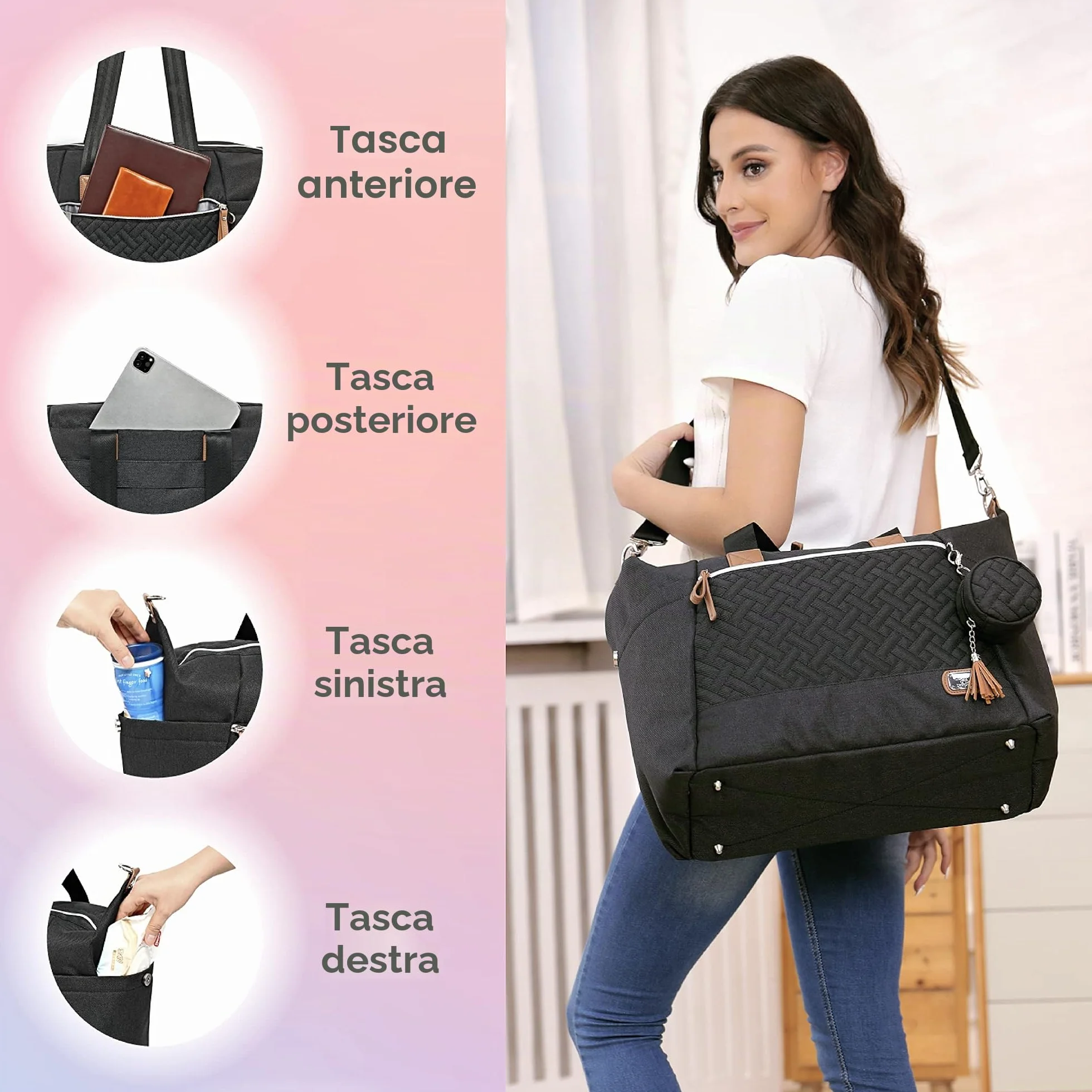 Borsa fasciatoio per neonati grande elegante da viaggio con porta ciuccio
