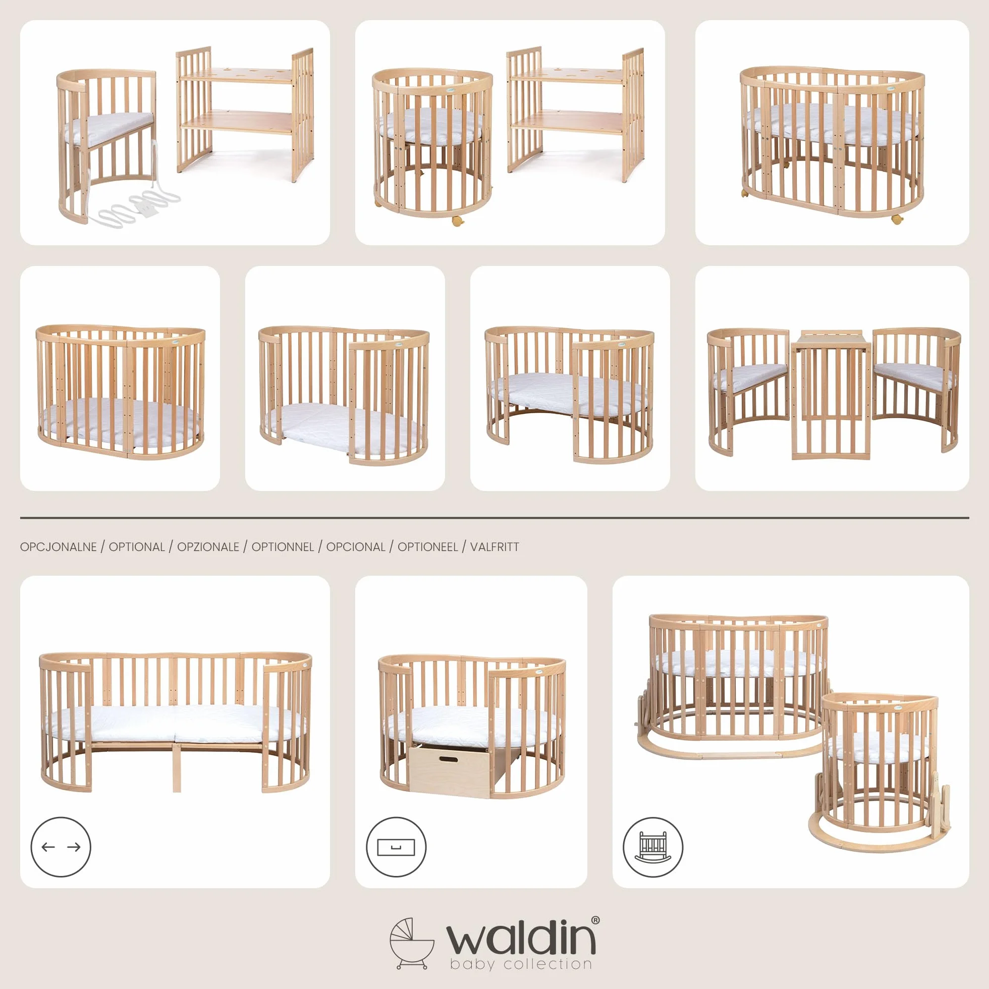 Waldin Lettino Mobile 7in1 Ovale Materasso Culla Espandibile Ventilato Base Regolabile 5 Posizioni Legno Naturale