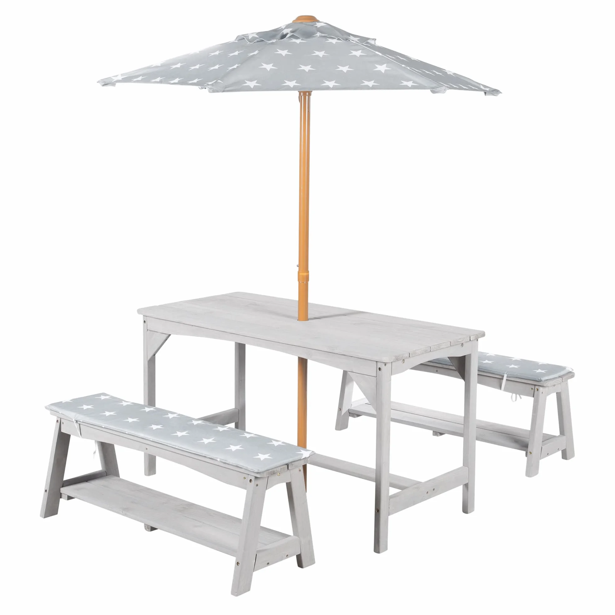roba Set di Sedute per Bambini Picnic con Tavolo, 2 Panche, Ombrellone e Cuscini – Legno Grigio