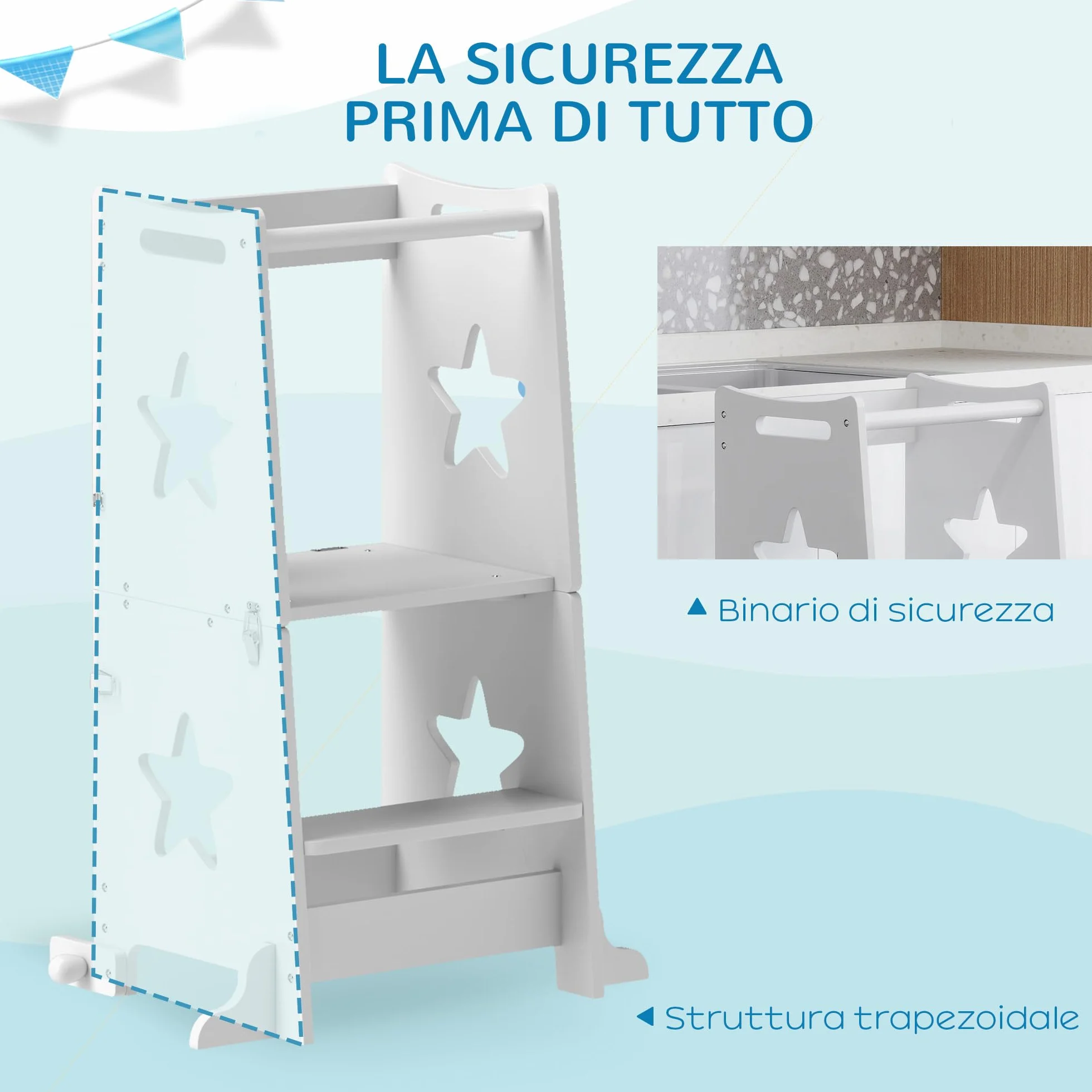 AIYAPLAY Torre Montessoriana Bambini Convertibile Set Tavolo Sedie Barra Sicurezza Sgabello Legno 3-6 Anni Apprendimento Bagno Cucina Toilette Bianco