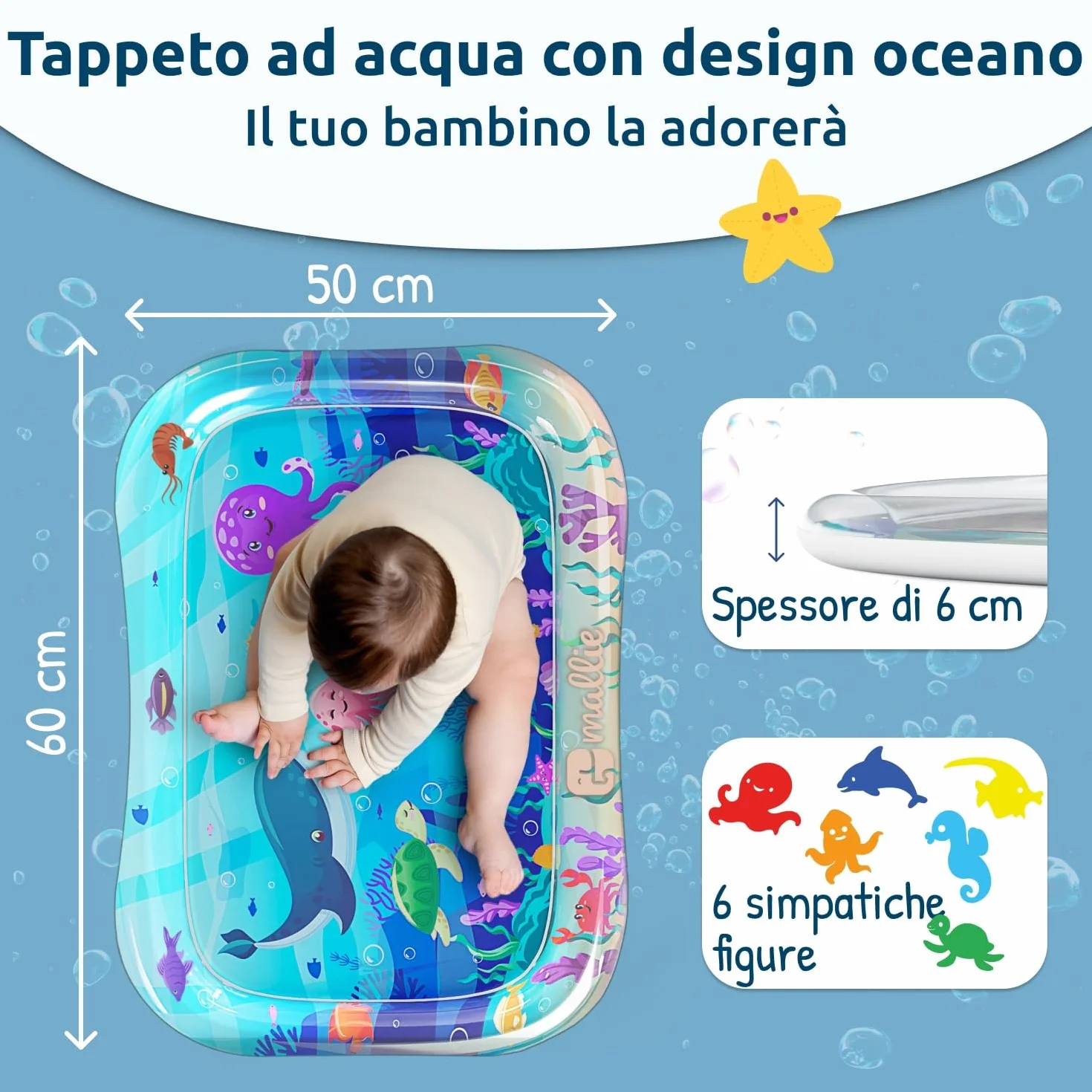Mallie® Tappetino Tummy Time Neonato Gonfiabile ad Acqua: Giochi Sensoriali 0-3 Mesi