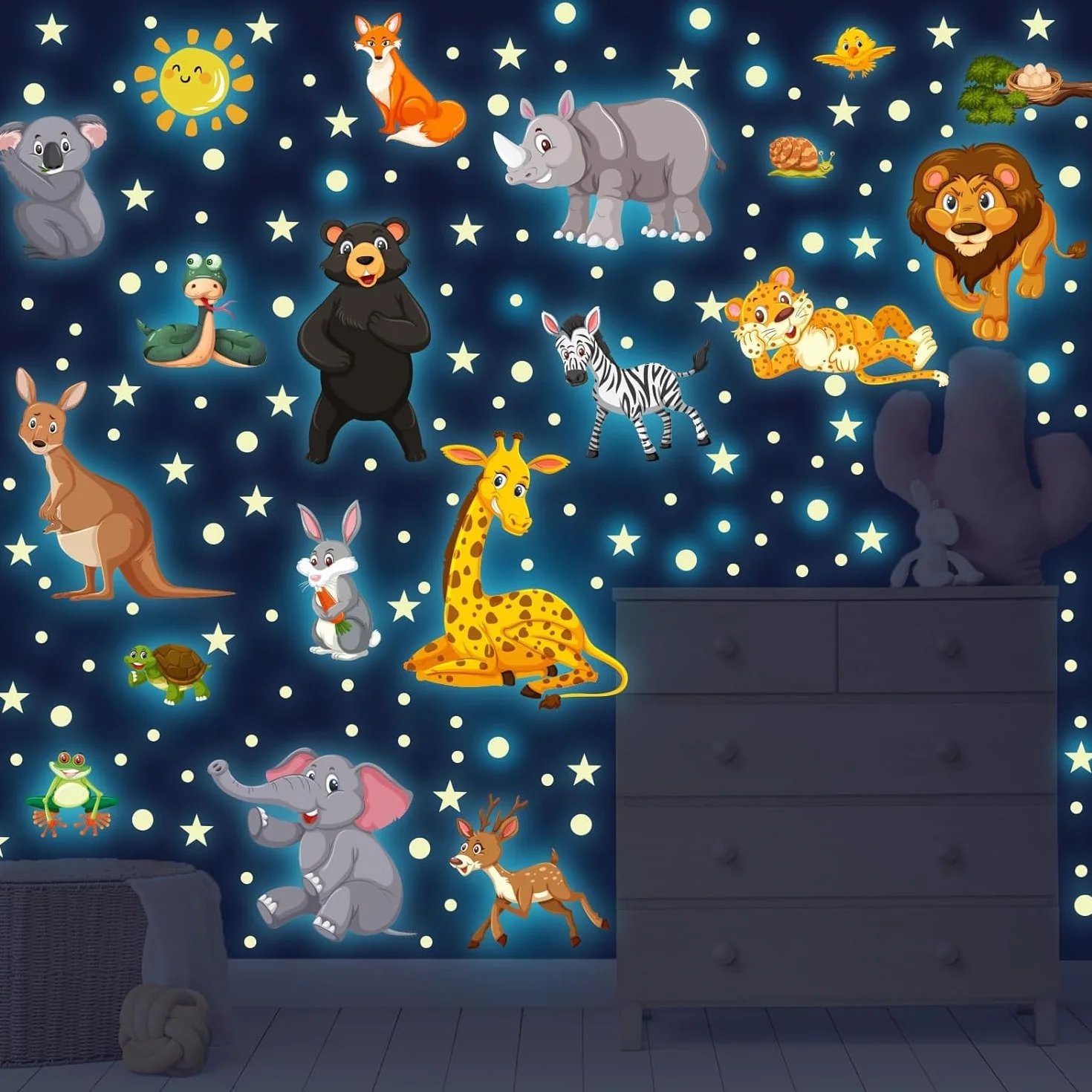Adesivi da Parete Fluorescenti Animali Giungla Stickers Muro Luminoso Safari Elefante Leone Decorazioni Camera Bambini Verde