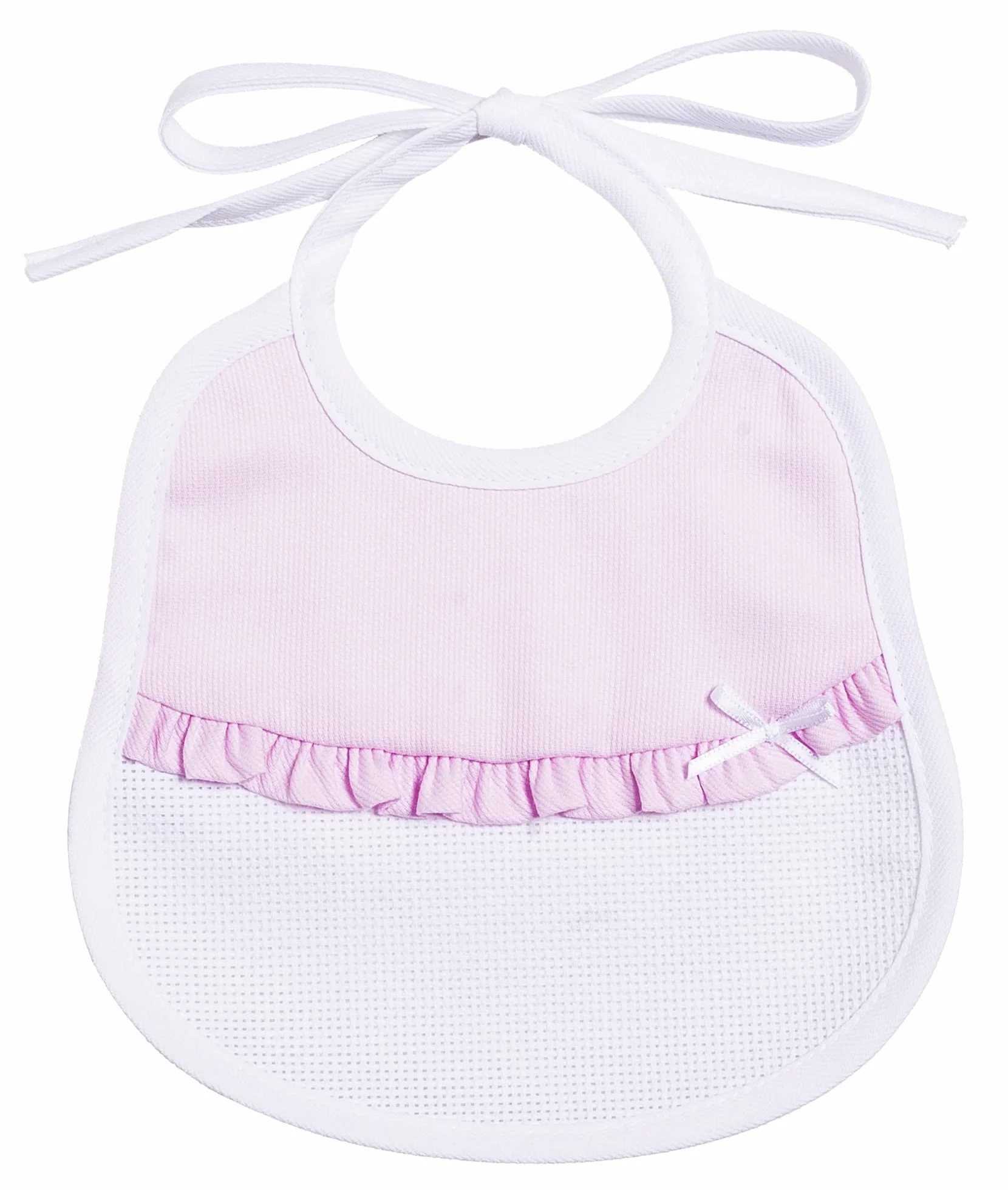 Bavaglino Neonata Piquet Cotone Volant Tela Aida Ricamare Rosa Made in Italy
