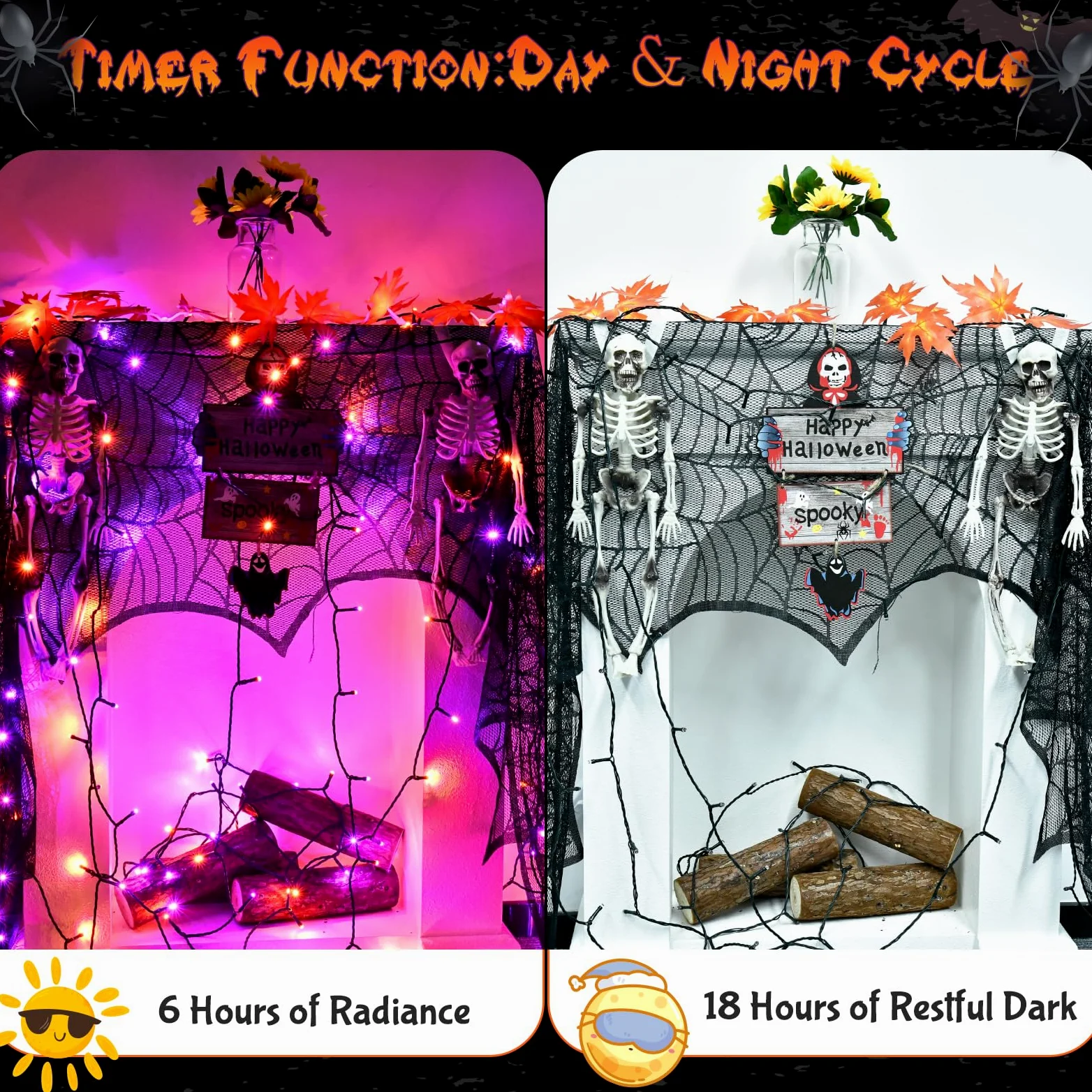 cshare Stringa di luci arancioni e viola con timer impermeabile, luci per Halloween per esterni, 5 m, 50 LED, per interni ed esterni, decorazioni di Halloween, ghirlanda, feste, patio, giardino,