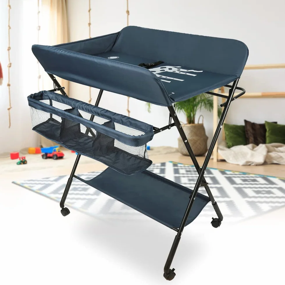 Fasciatoio Pieghevole con 4 Ruote Freno, Portatile Multifunzionale, 3 Regolabile in Altezza, Blu Navy