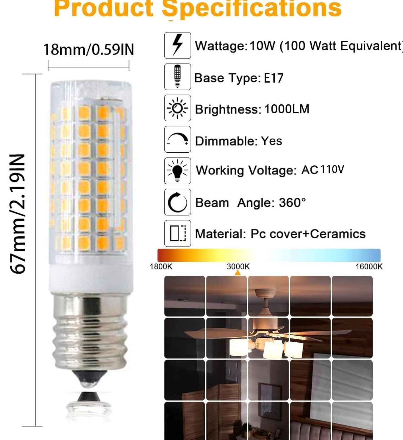 lampadina, Lampadina LED E17 10W, equivalente a 100W, AC220V, confezione da(Warm White)