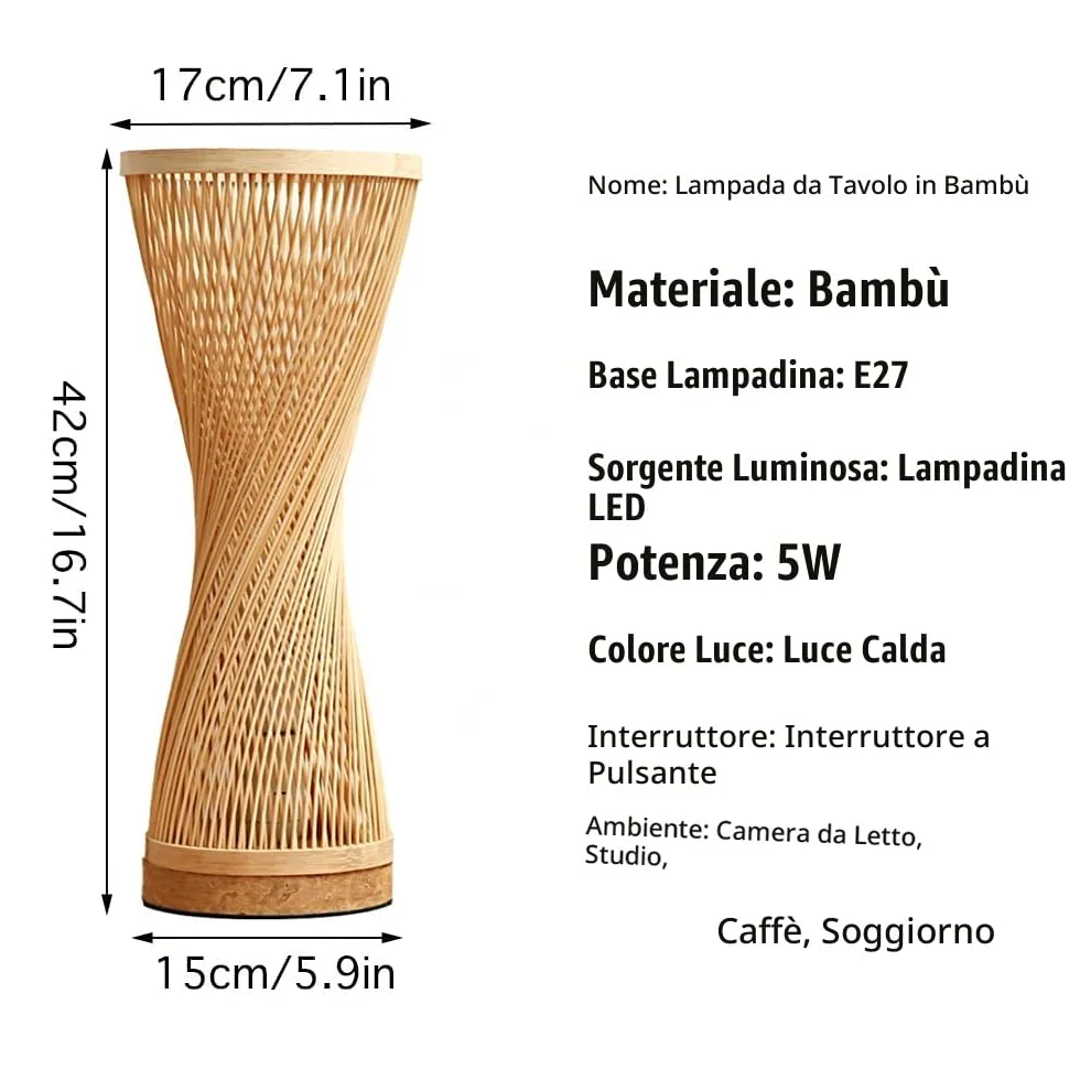 Lampada da Tavolo in Bambù Fatta a Mano, Lampada da Tavolo con Paralume in Bambù, Illuminazione da Tavolo Semplice, Zen, Luce Notturna per Camera da Letto, Soggiorno