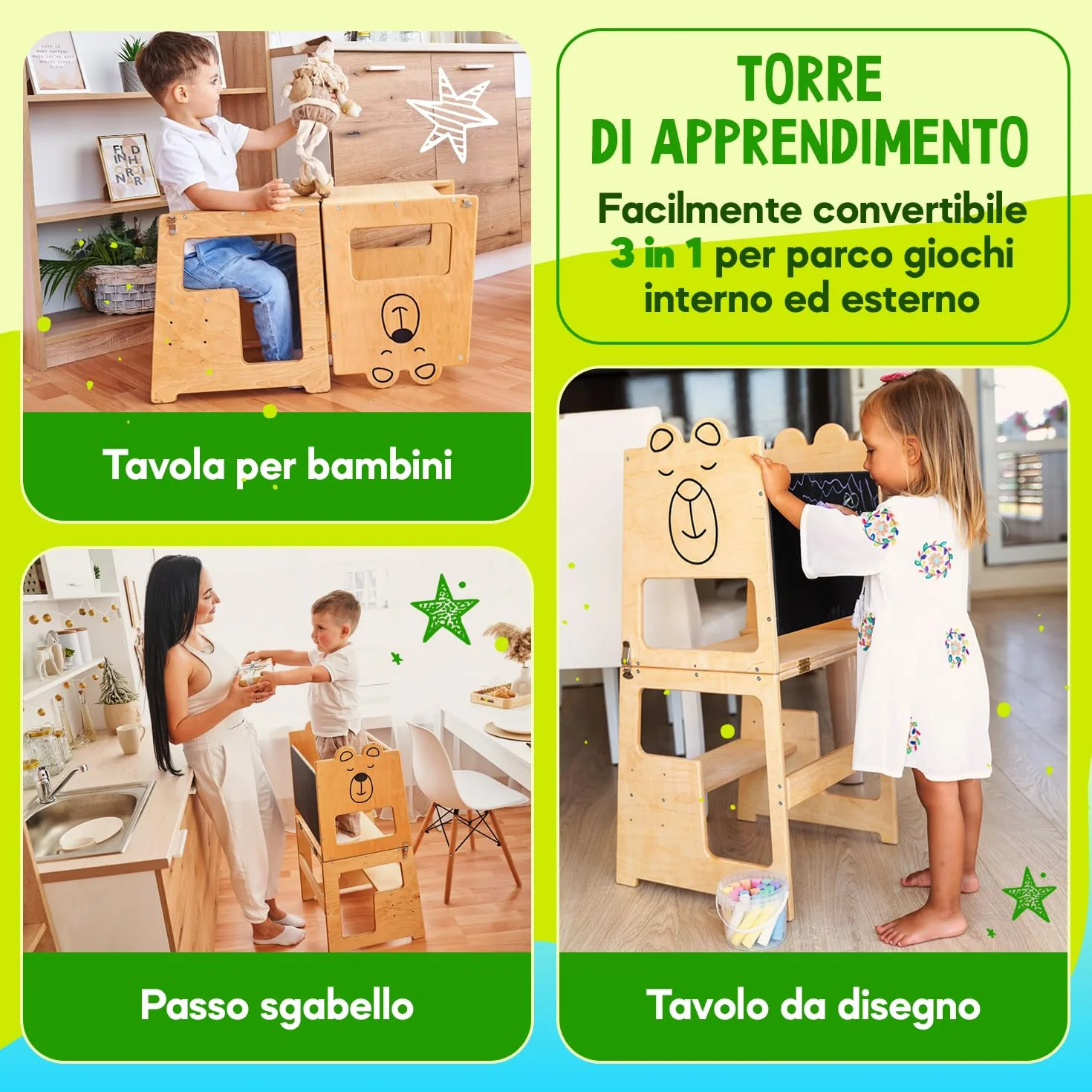 Torre Montessoriana 3-in-1 in Legno Naturale per Bambini da 1 Anno con Lavagna, Tavolo e Sedia, Sgabello Cucina e Bagno