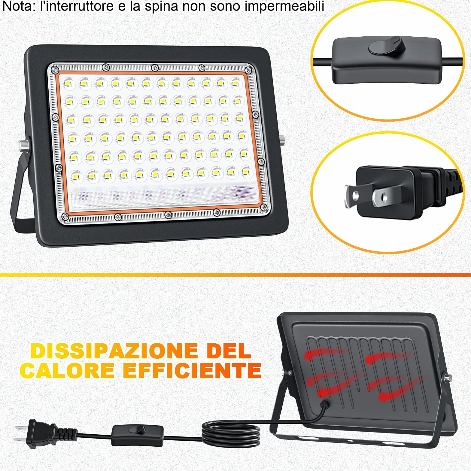 CREATESTAR 100W Faretto LED da Esterno,2pcs Faretto Led con Spina,6500K bianco naturale,Super illuminoso Faro led da 10000 lumen Faretti led Impermeabile IP66 per cortile, giardino, garage, tetto.