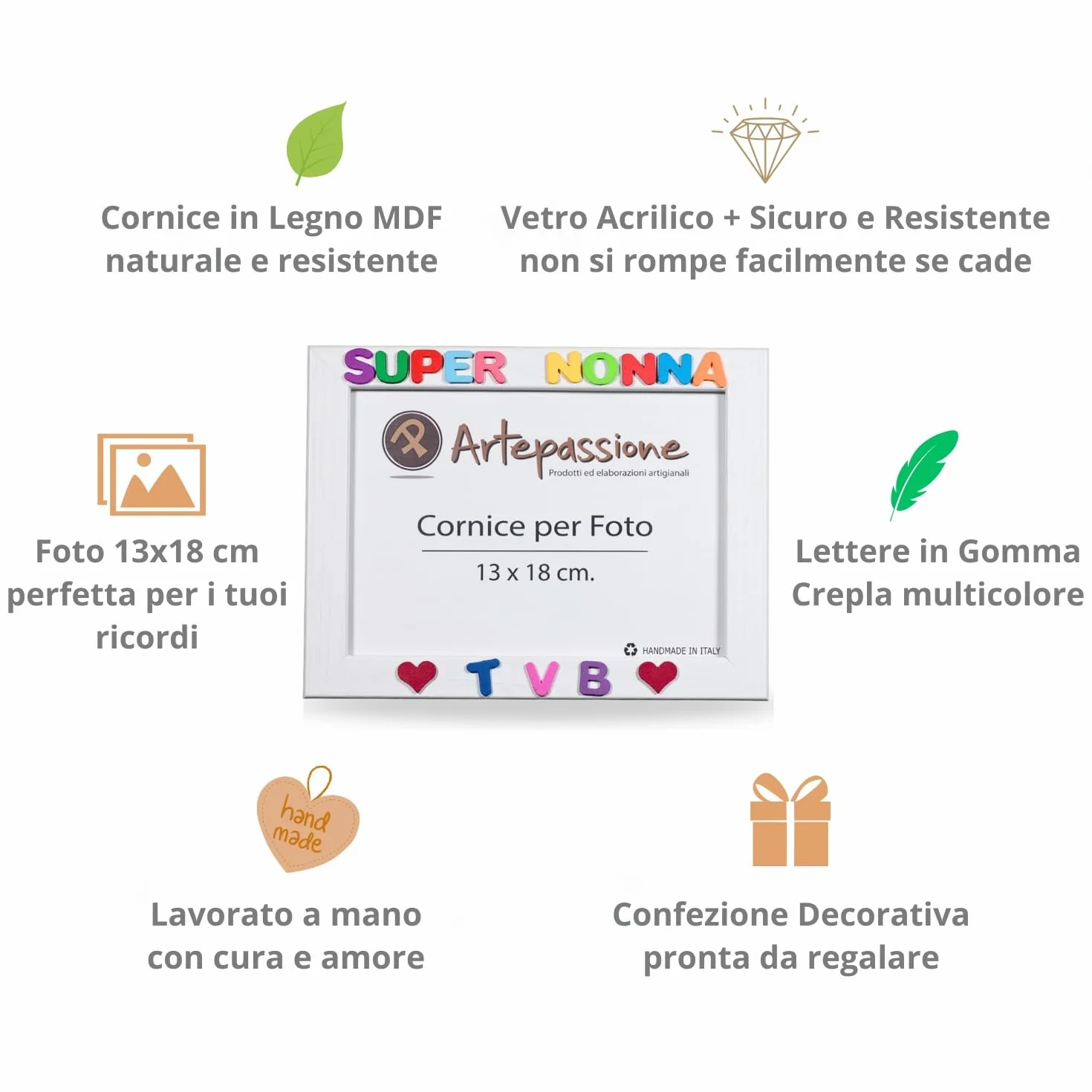 Regalo Nonna Cornice 13x18 Legno Scritto Super Nonna TVB Cuoricini Cornici Foto Bianca Idea Regalo Compleanno Nonni Portafoto Tavolo Parete
