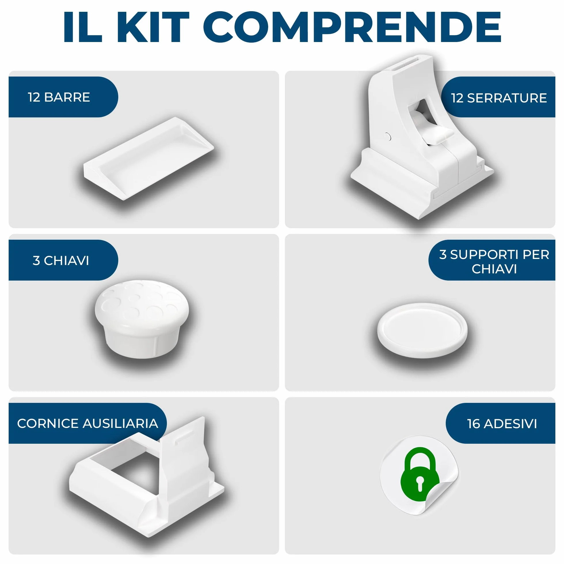 Blocca Cassetti per Bambini Hoffenbach 12 Serrature 3 Chiavi Chiusura Magnetica Bianco