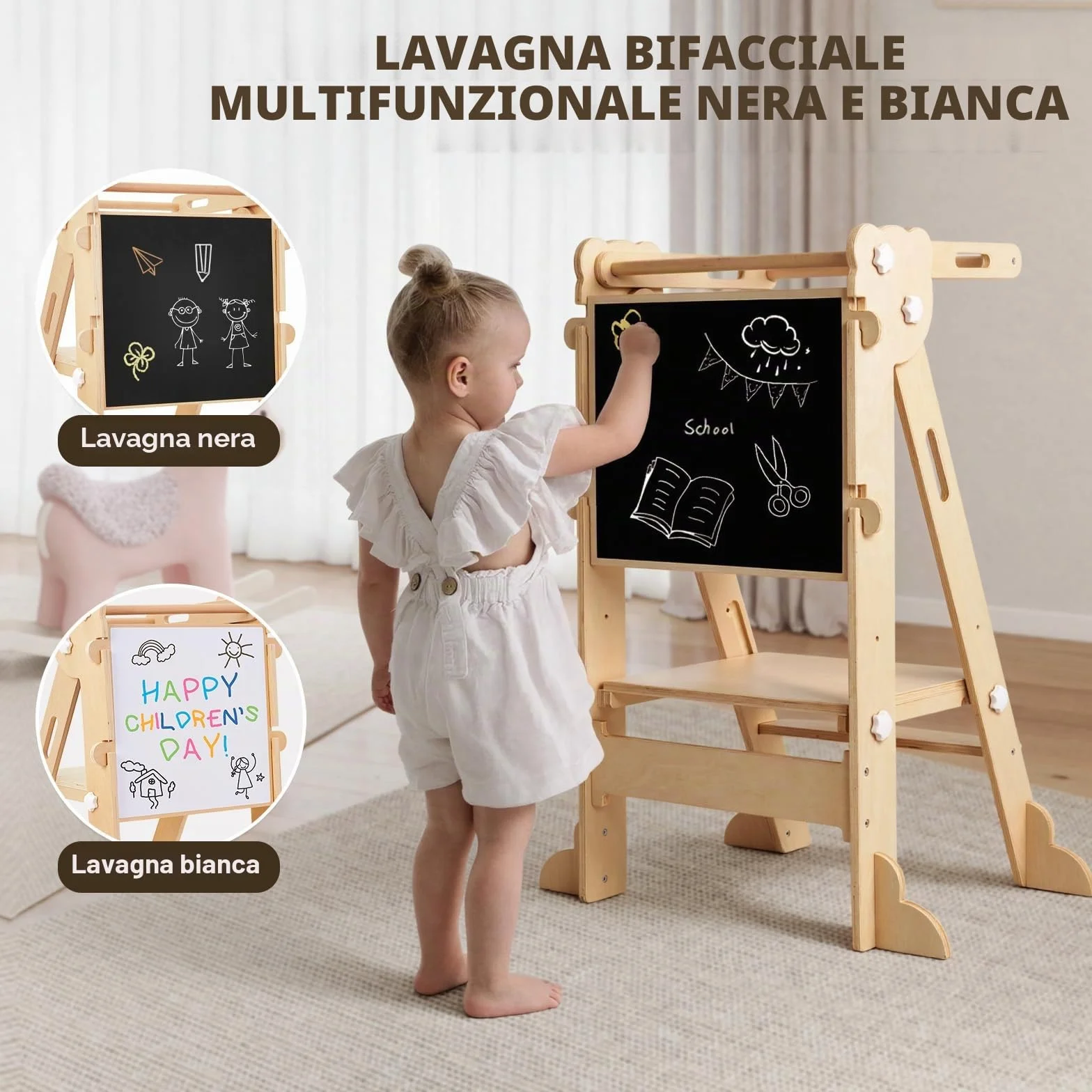 labebe Torre di apprendimento pieghevole 3 in 1 regolabile in altezza e larghezza per bambini da 1 anno