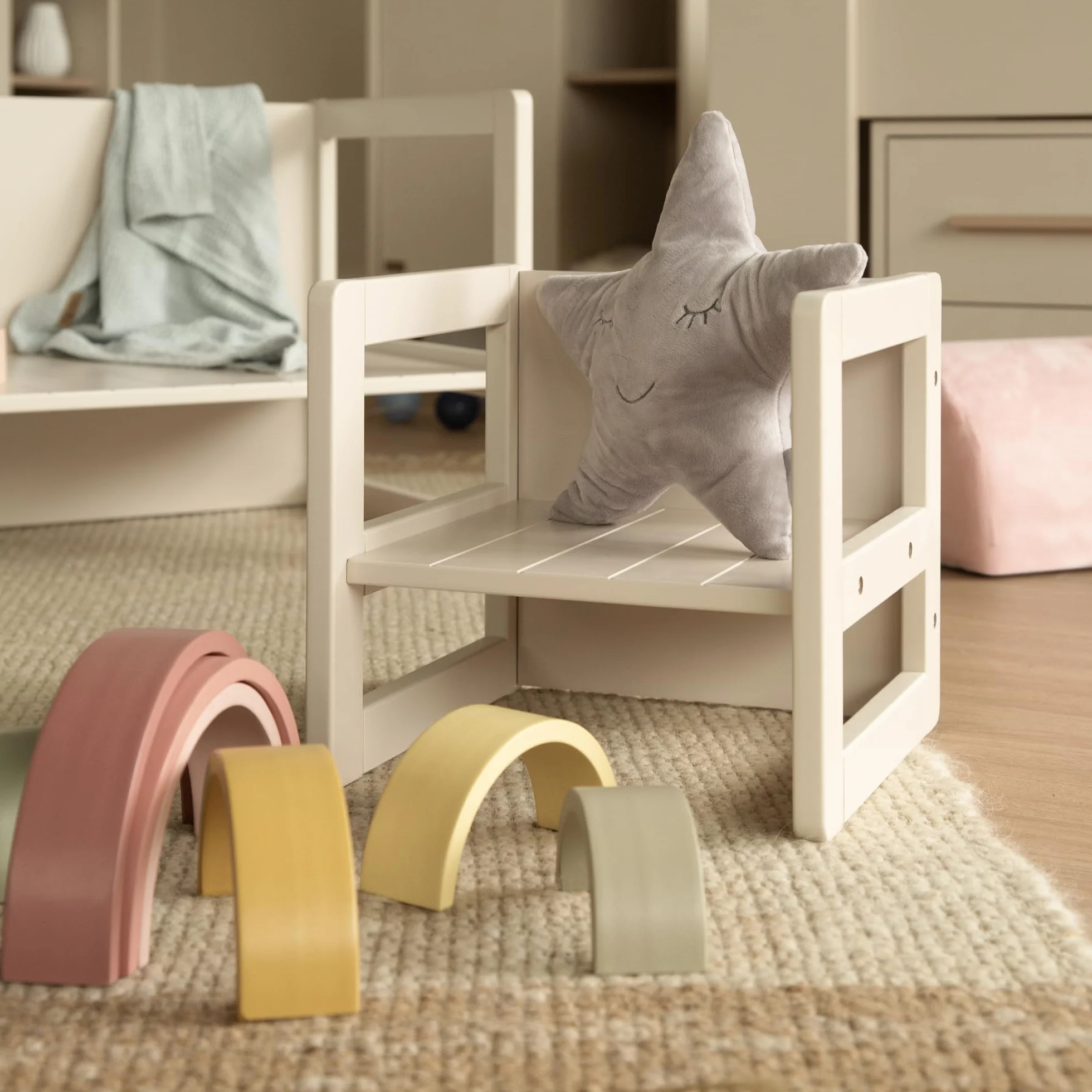 Sgabello per Bambini in Stile Country Reversibile 3 Altezze Seduta Legno Beige/Cashmere