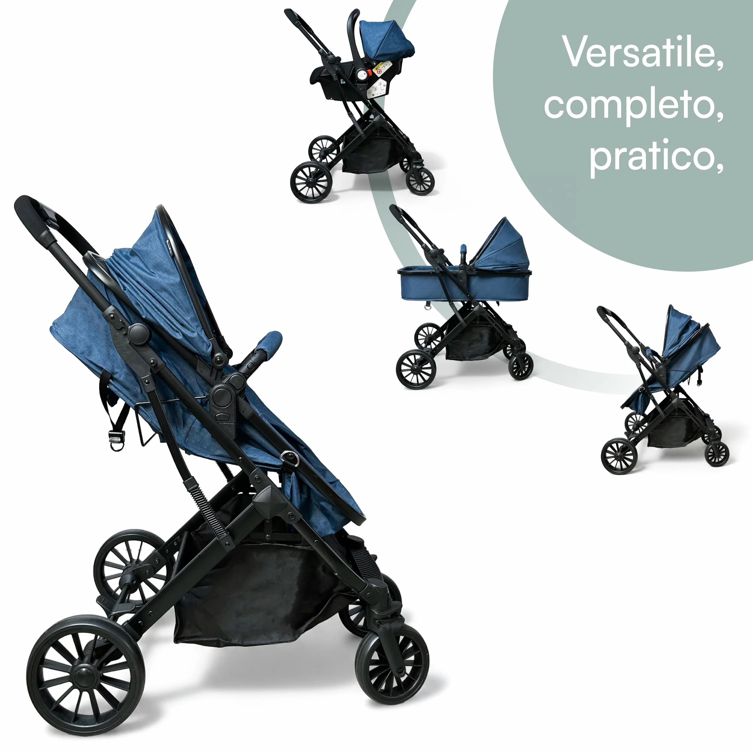 Passeggino Trio 3 in 1 con Navicella, Ovetto e Borsa Mamma, Reversibile, Schienale Reclinabile, Chiusura Compatta, 6-36 Mesi (Blu)